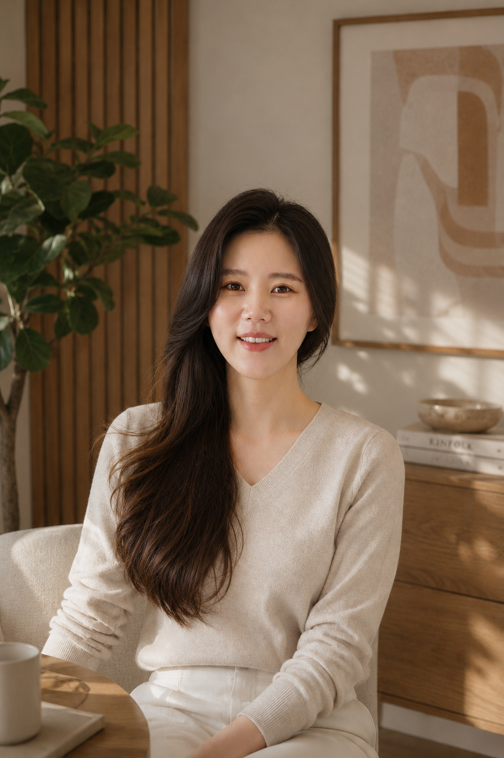 A woman with long dark hair and a beige sweater sitting at a wooden table in a cozy, modern room with a potted plant and framed artwork in the background.