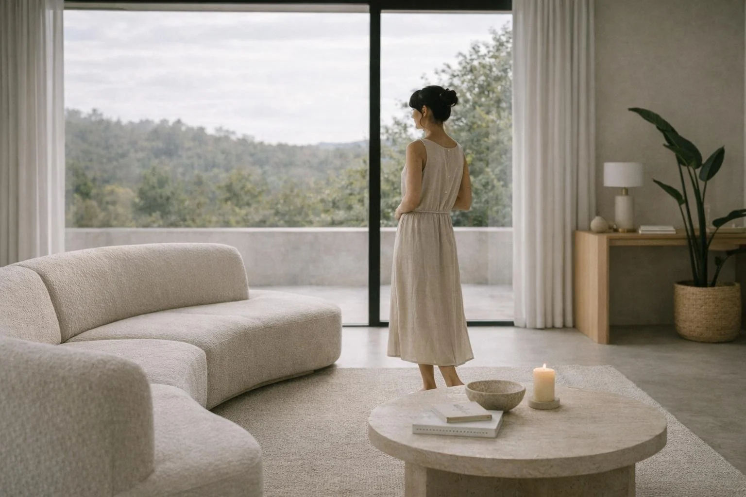 Back view of a person looking out a window during a quiet moment of self-reflection.