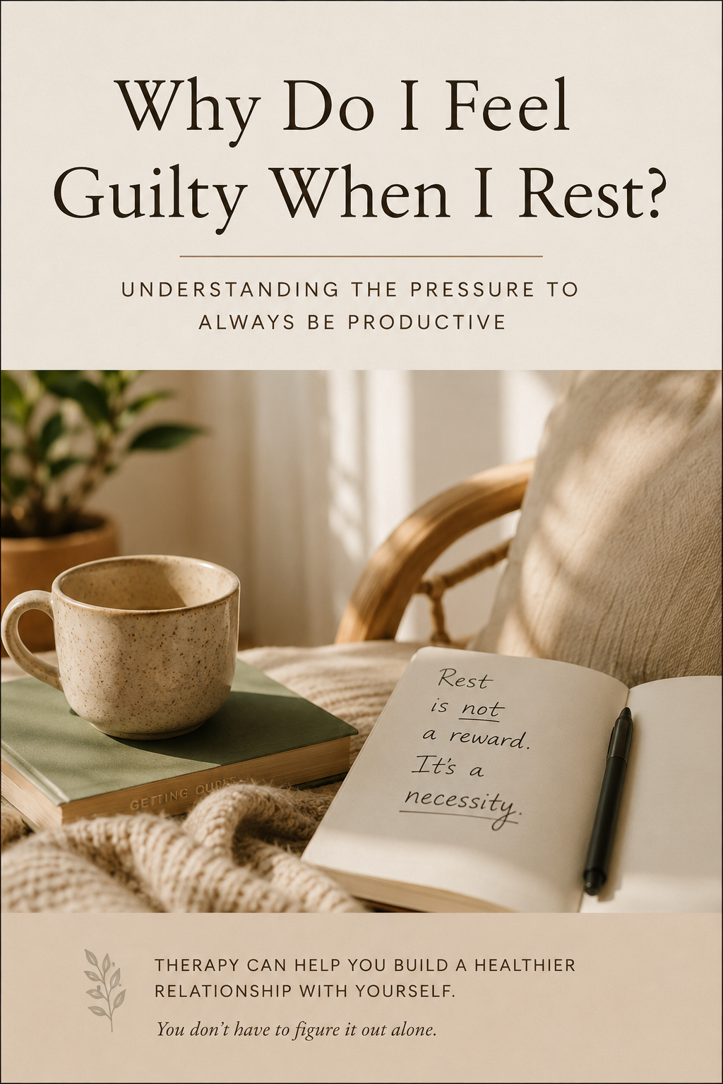 Warm, sunlit reading nook with a ceramic mug, green book, knitted blanket, and open journal beside a chair, illustrating rest and relief from productivity pressure.
