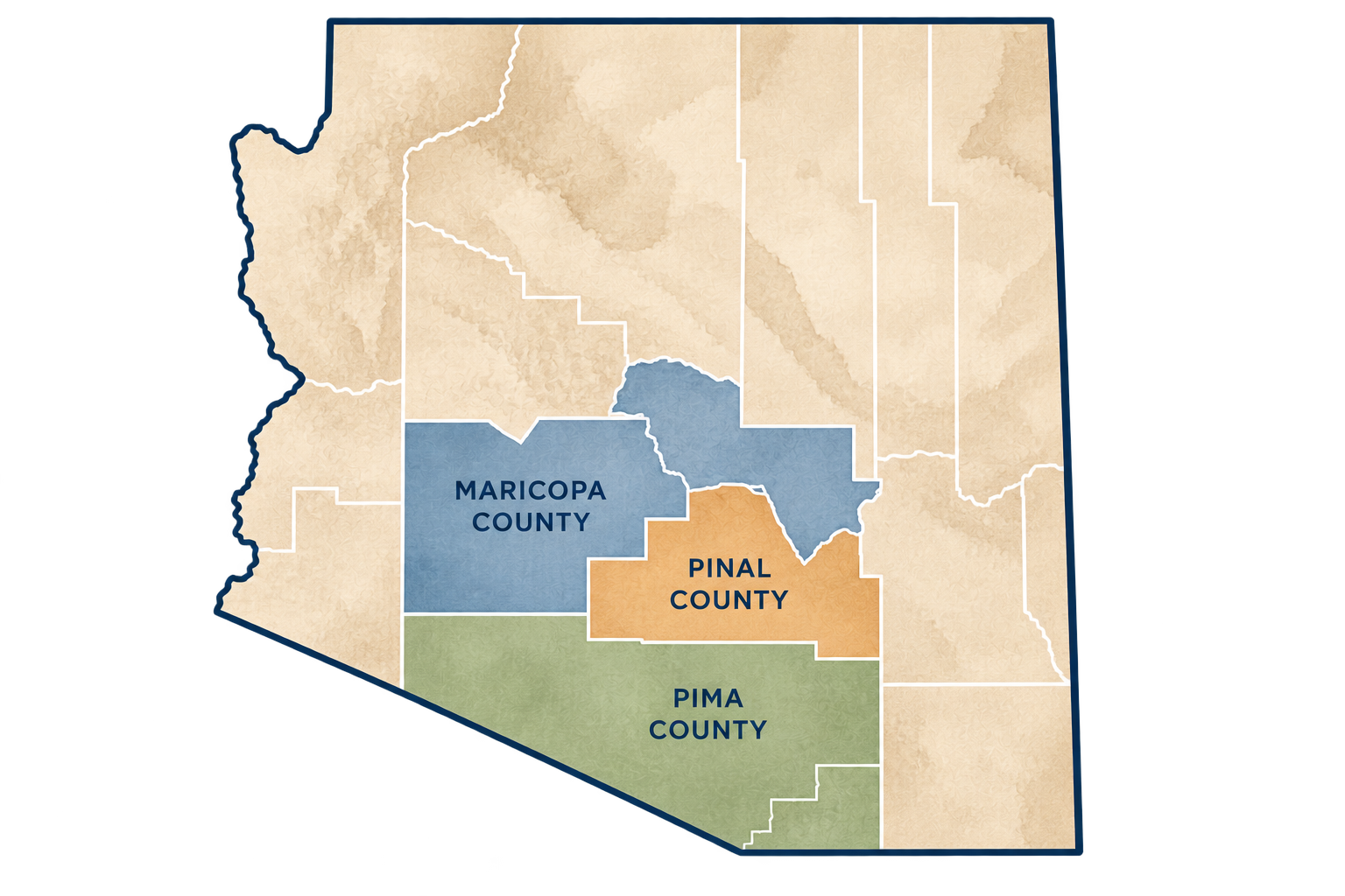 Map of Arizona counties highlighting Maricopa, Pinal, and Pima counties in different colors.