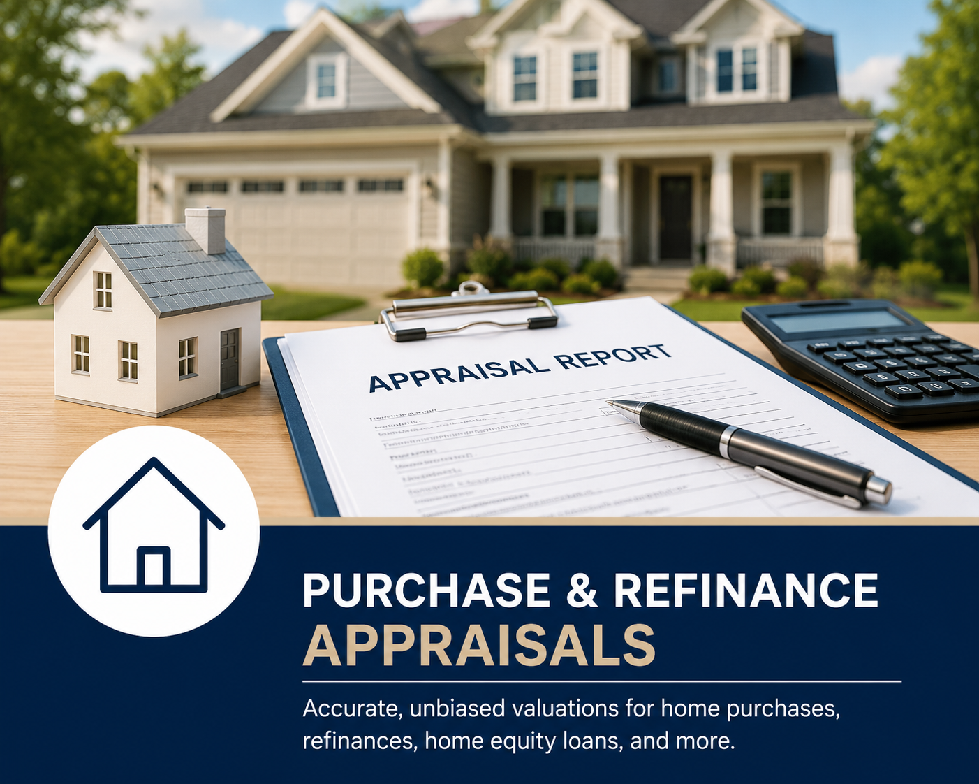 A house in the background with a miniature house model and an appraisal report on a table in the foreground, accompanied by a calculator and a pen, indicating home valuation and refinancing services.