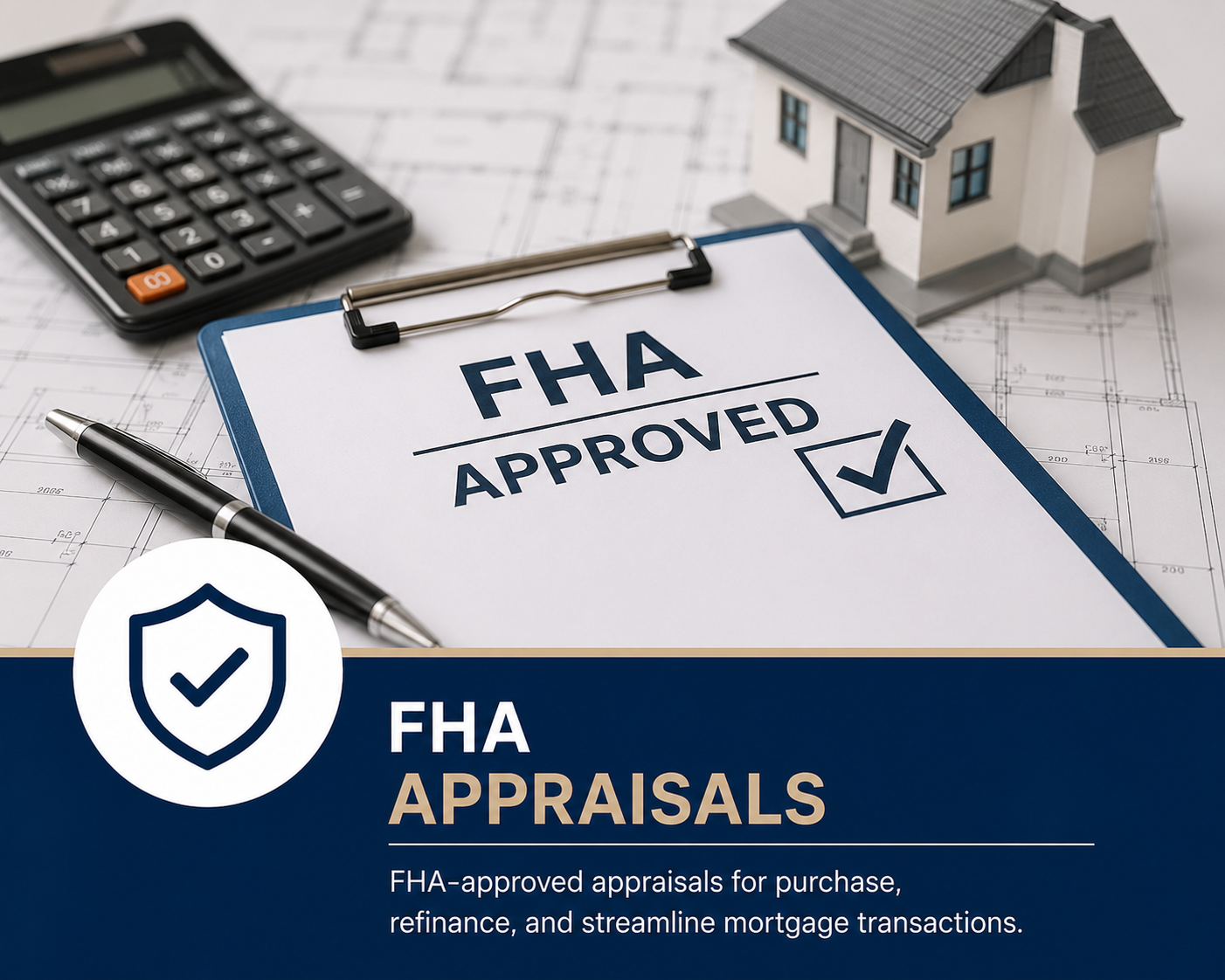 A document with the words "FHA Approved" and a checkmark, placed on architectural blueprints, with a miniature house, a calculator, and a pen nearby, indicating real estate appraisal and mortgage approval.
