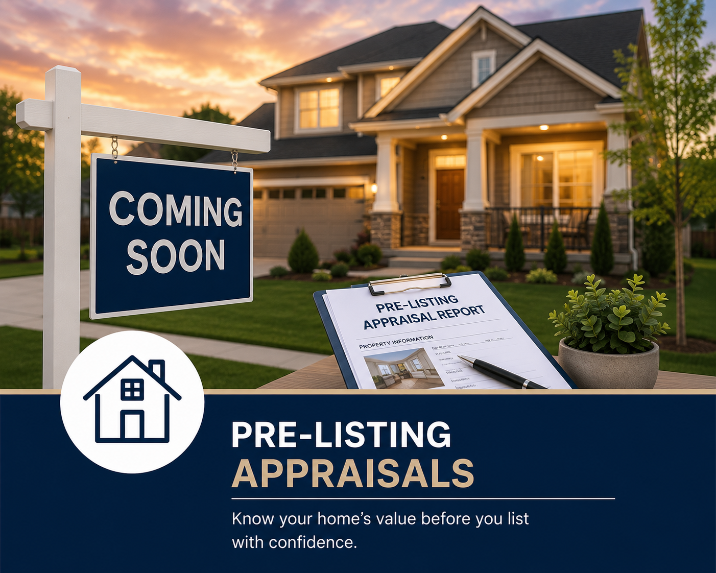 A house with a "Coming Soon" sign in the front yard, a clipboard with a pre-listing appraisal report, a small plant, and a sunset sky.