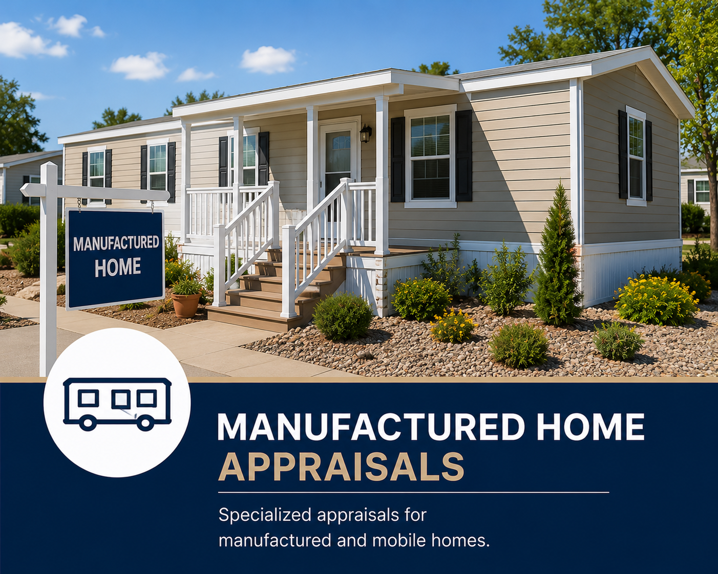 A manufactured home with beige siding, white trim, black shutters, front stairs leading to a small porch, landscaped with bushes and plants, under a blue sky. A sign in front indicates it is a manufactured home for appraisals.