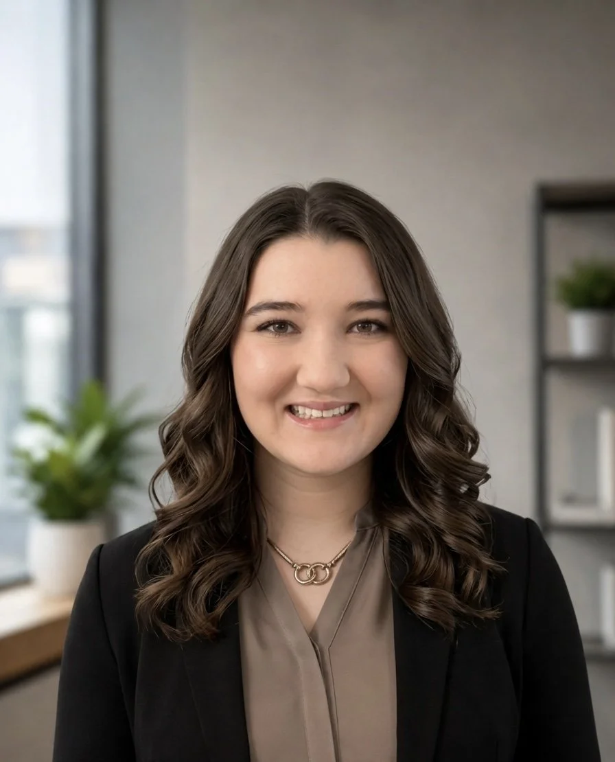 A young woman with wavy brown hair, smiling, wearing a black blazer and beige blouse, in an office setting with plants and shelves in the background.