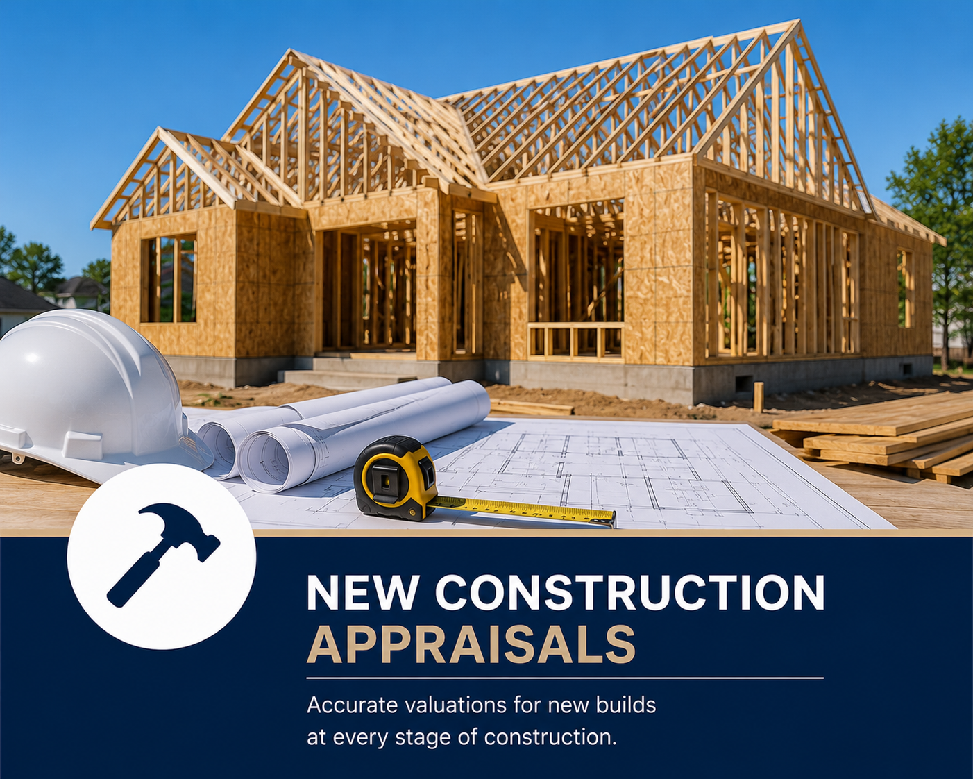 Under construction wooden house with blue sky, planning tools and construction helmet in the foreground, promotional banner for new construction appraisals.