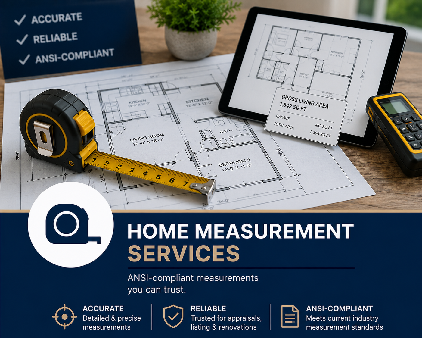 Blueprints of a house with a tape measure, digital tablet showing house plans, a calculator, and a sign listing features of home measurement services, including accuracy, reliability, and ANSI compliance.
