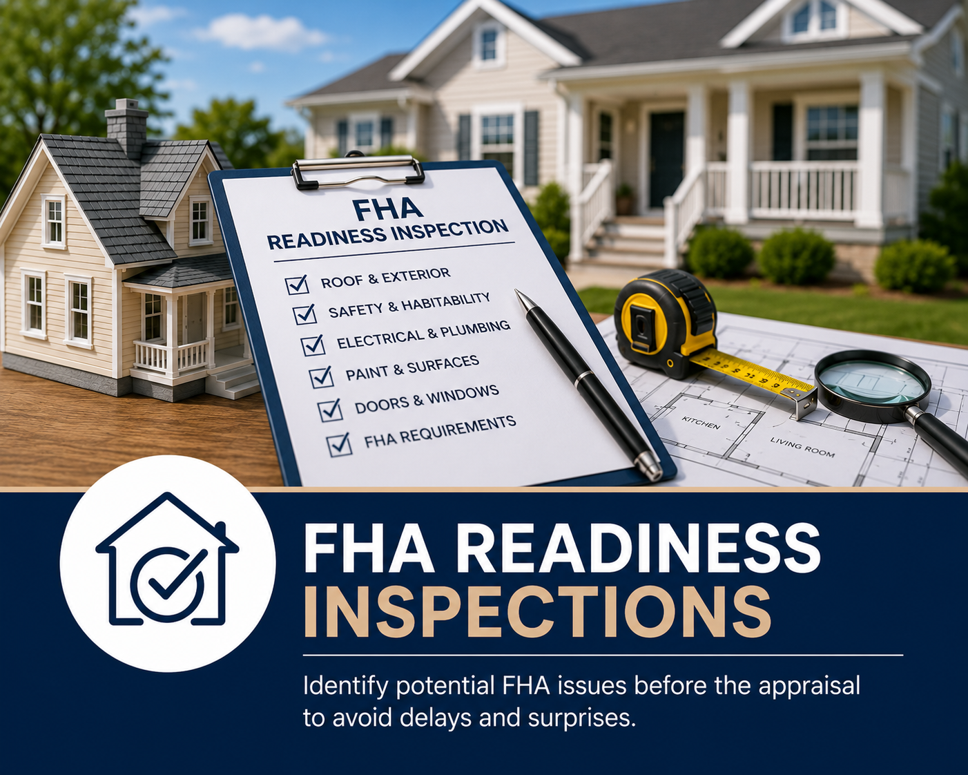 A house model, a clipboard with an FHA readiness inspection list, a tape measure, a magnifying glass, and architectural blueprints on an outdoor table, with a larger house in the background.