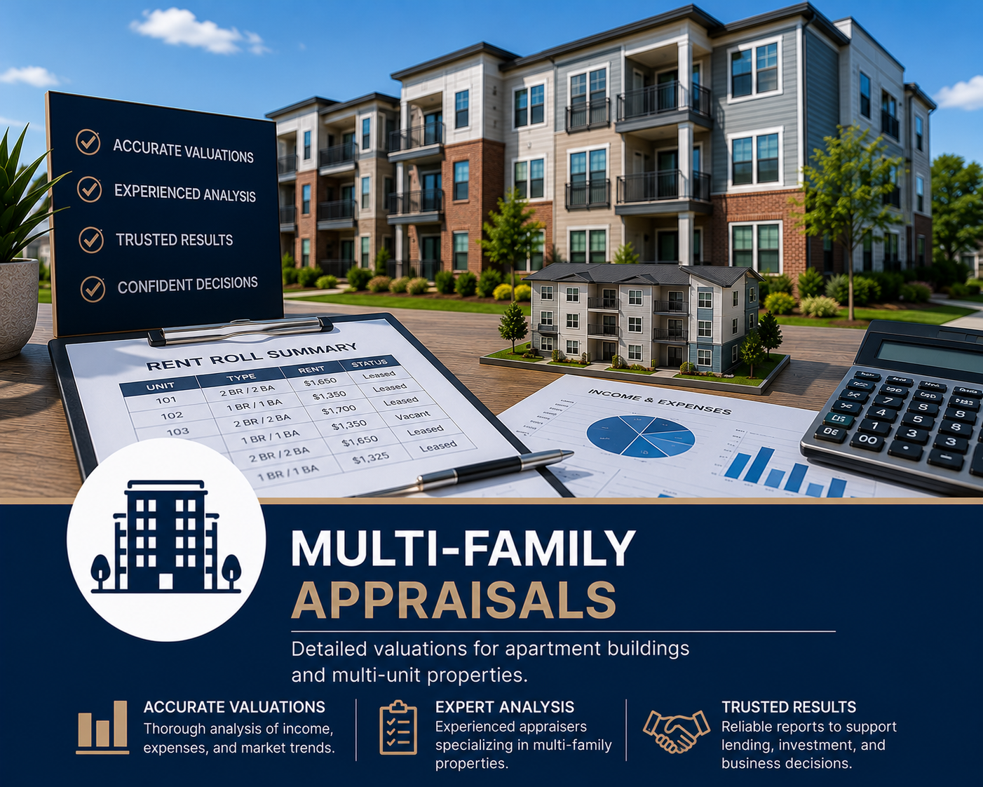 Poster advertising multi-family property appraisals with a model apartment building, a rent roll summary, financial charts, and an appraisal sign in front of a residential complex.