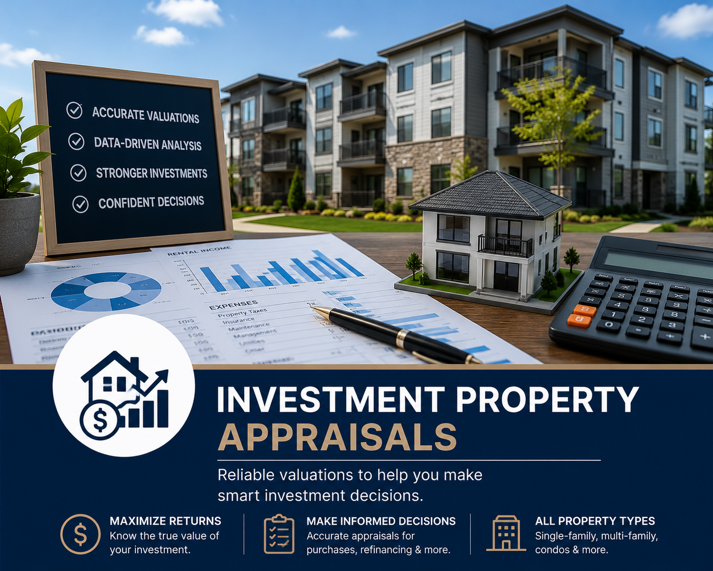 An outdoor setup with real estate investment materials, including house models, financial charts, and a calculator, promoting property appraisals for making smart investment decisions.