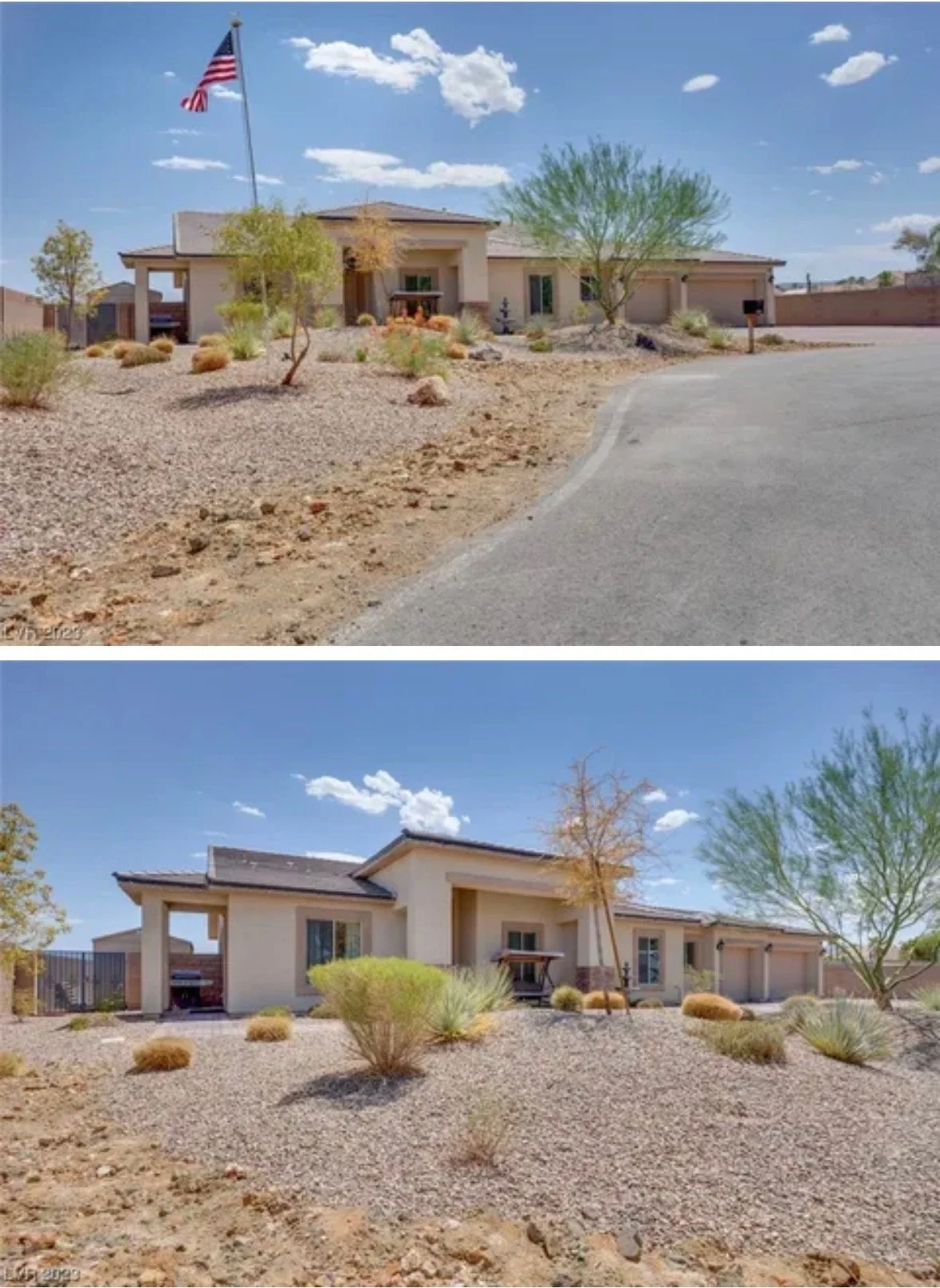 Side view of a modern suburban house in a desert landscape with drought-resistant plants, a large American flag, and a paved driveway under a blue sky with scattered clouds.