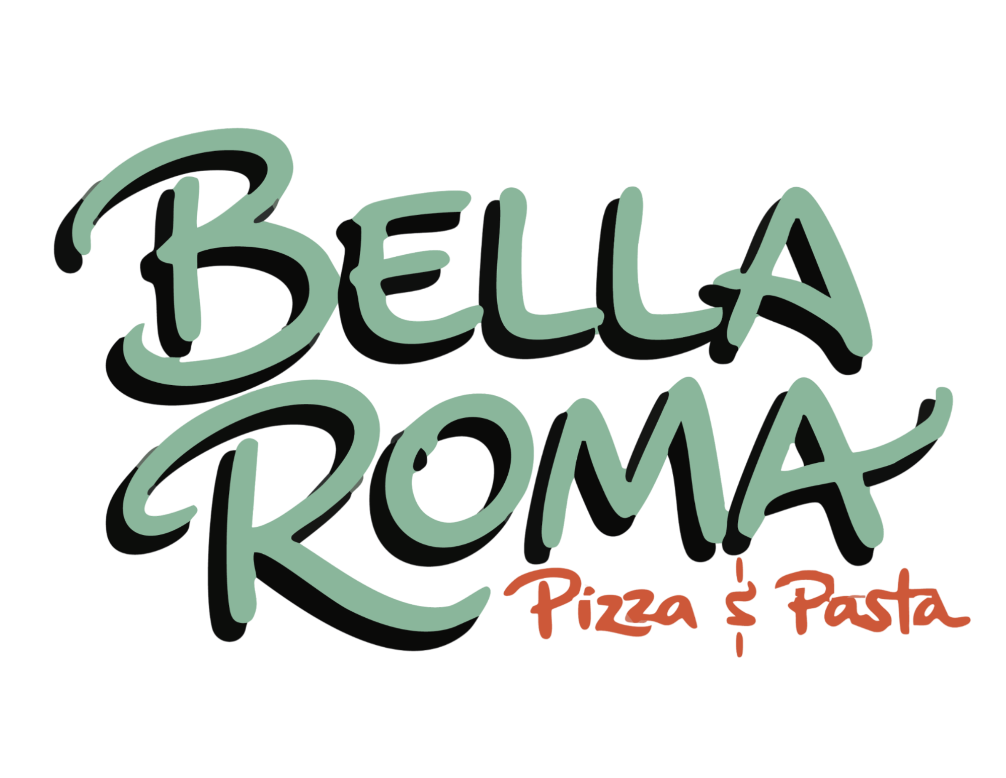 Colorful neon sign reads 'Bella's Pizza & Pasta' with red, orange, and yellow accents.