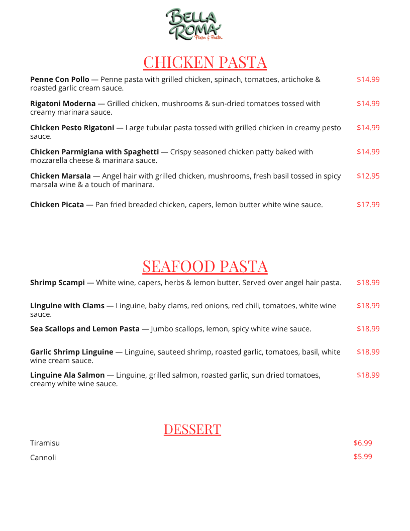 Menu from Bella Roma Pizzeria featuring Chicken Pasta, Seafood Pasta, and Dessert options.