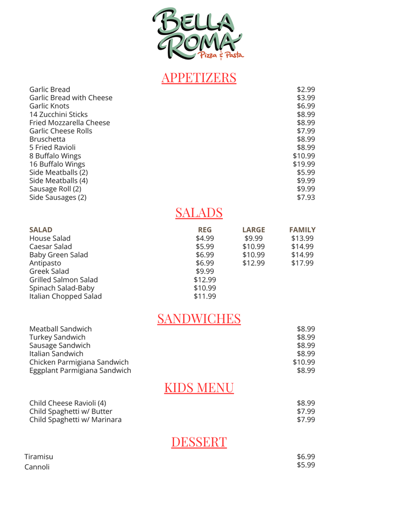Menu from Bella Roma Pizza & Pasta listing appetizers, salads, sandwiches, kids' options, and desserts.