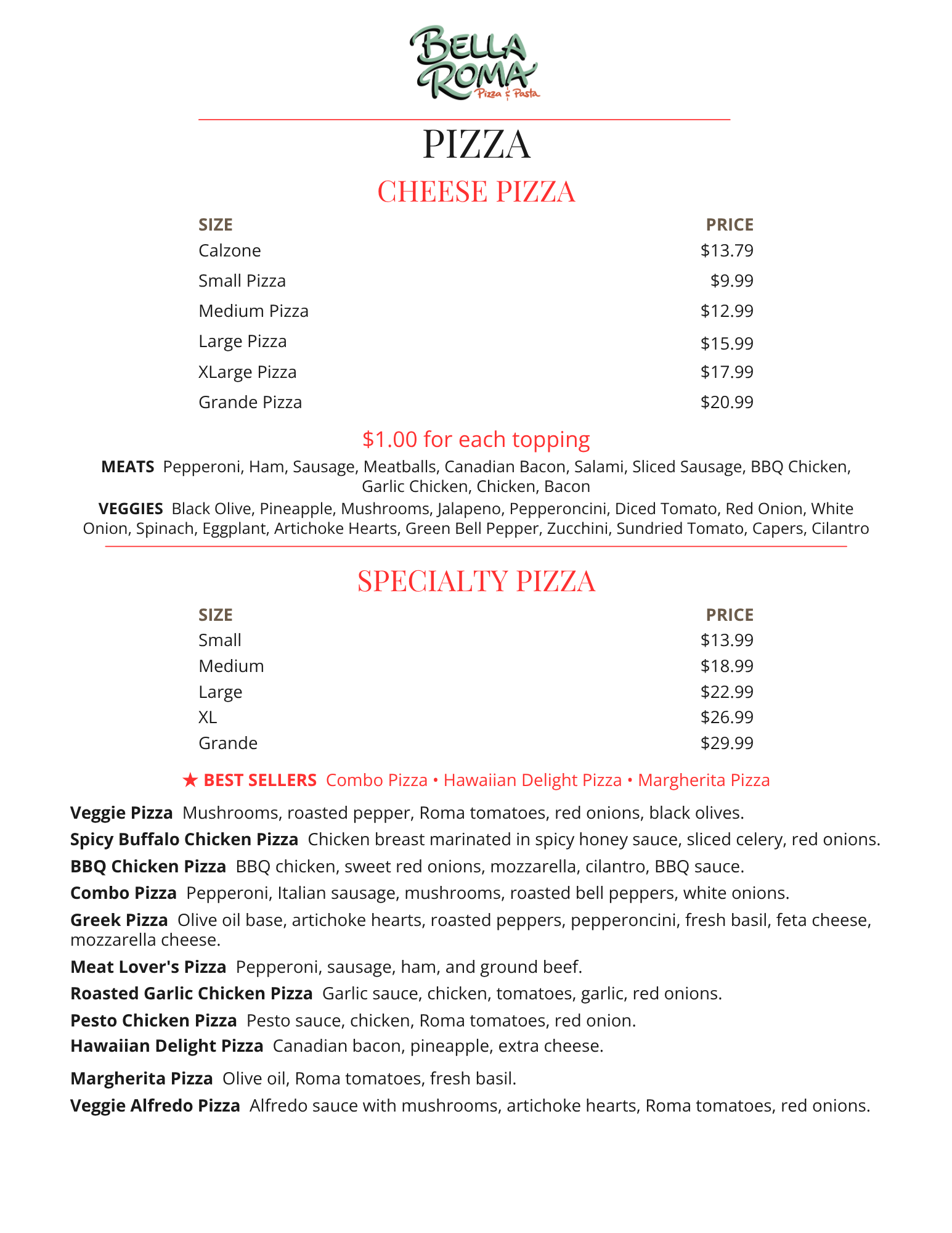 Menu from Bella Roma Pizza & Pasta featuring pizza options such as cheese and specialty pizzas, with prices and toppings; includes descriptions of various pizza types and ingredients.