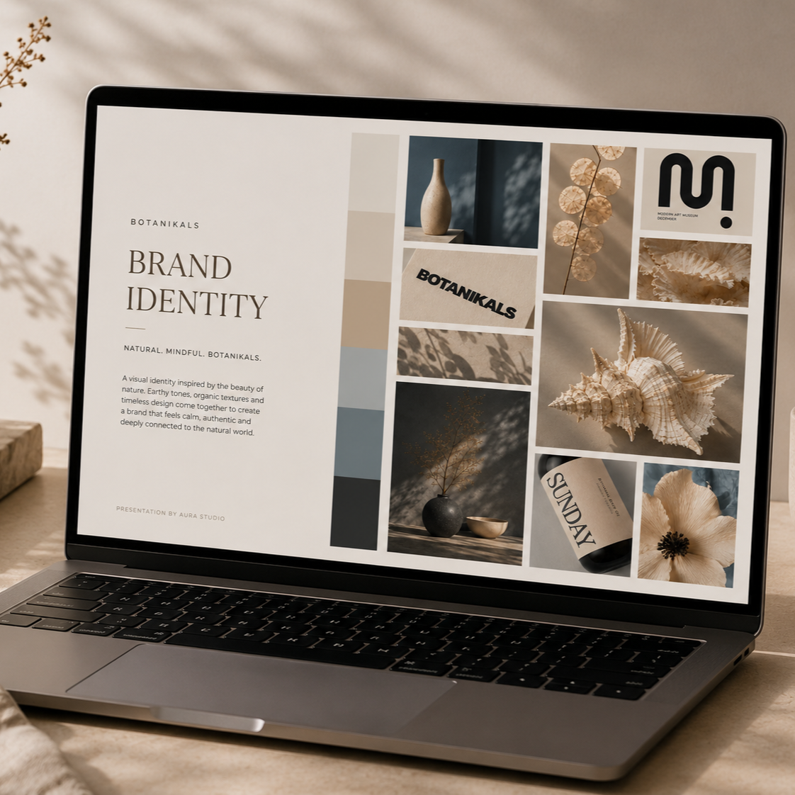 Brand identity presentation including logo design, colour palette and typography created by Aura Studio.