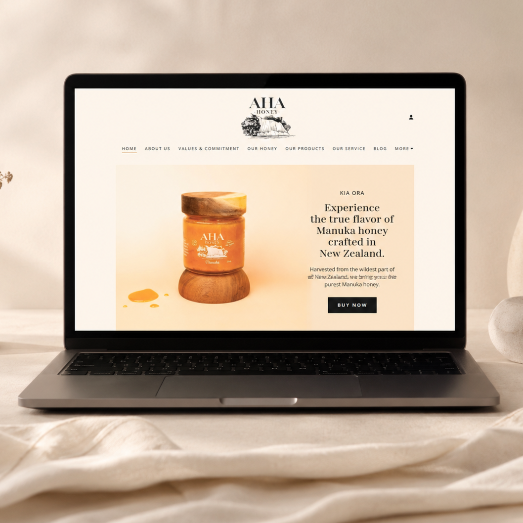 Website design for AHA Honey, showcasing a premium New Zealand Manuka honey brand created by Aura Studio.