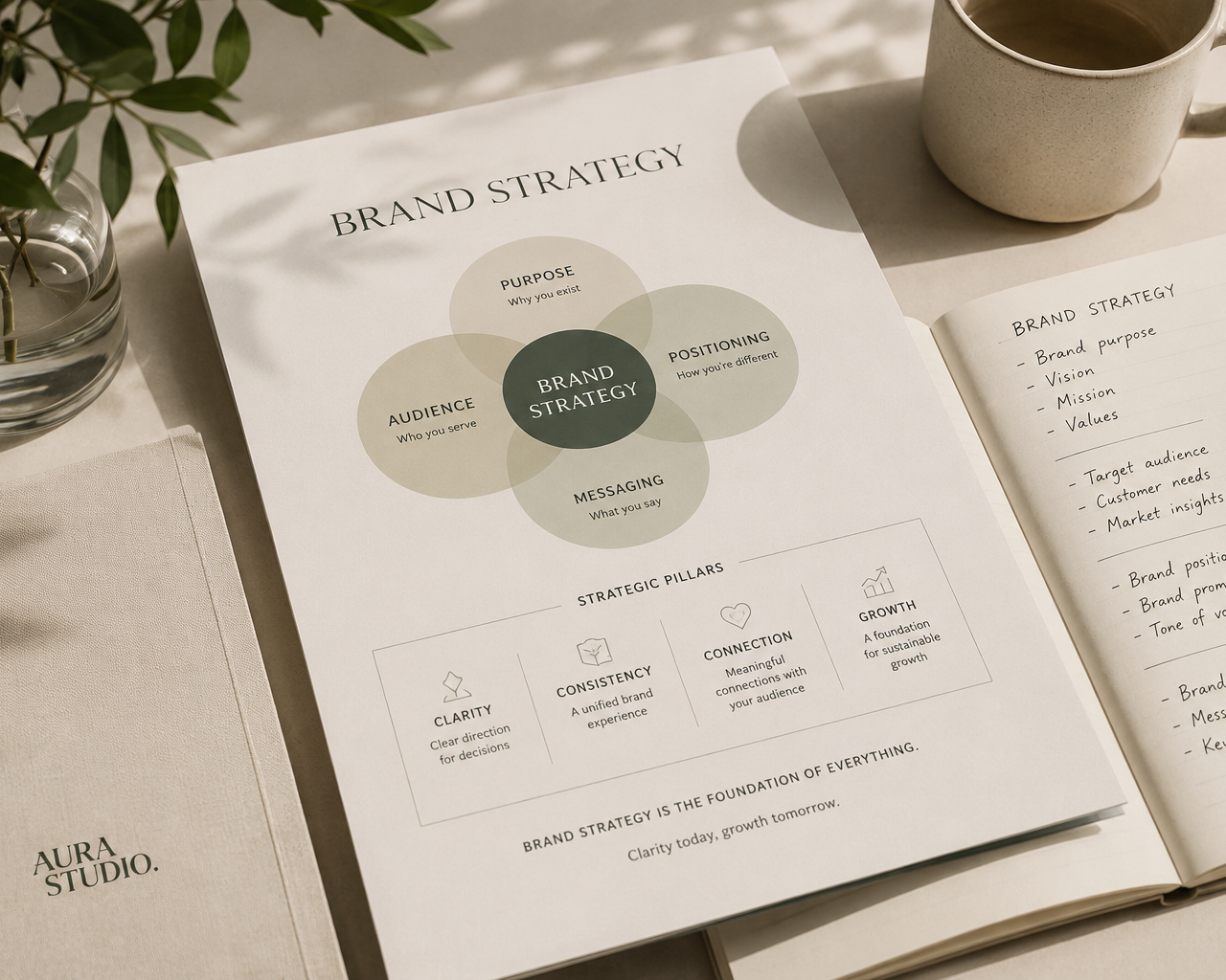 Brand strategy document by Aura Studio featuring brand purpose, positioning, messaging and audience for businesses in Auckland, New Zealand.
