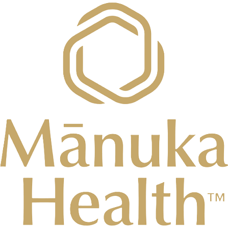 Logo of Manuka Health with a stylized honeycomb design and the company name in tan color.