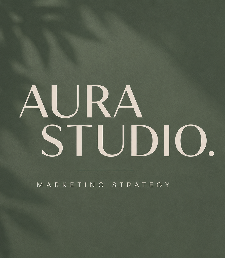 Green textured background with shadows of leaves, displaying text 'AURA STUDIO.' and 'MARKETING STRATEGY' underneath.
