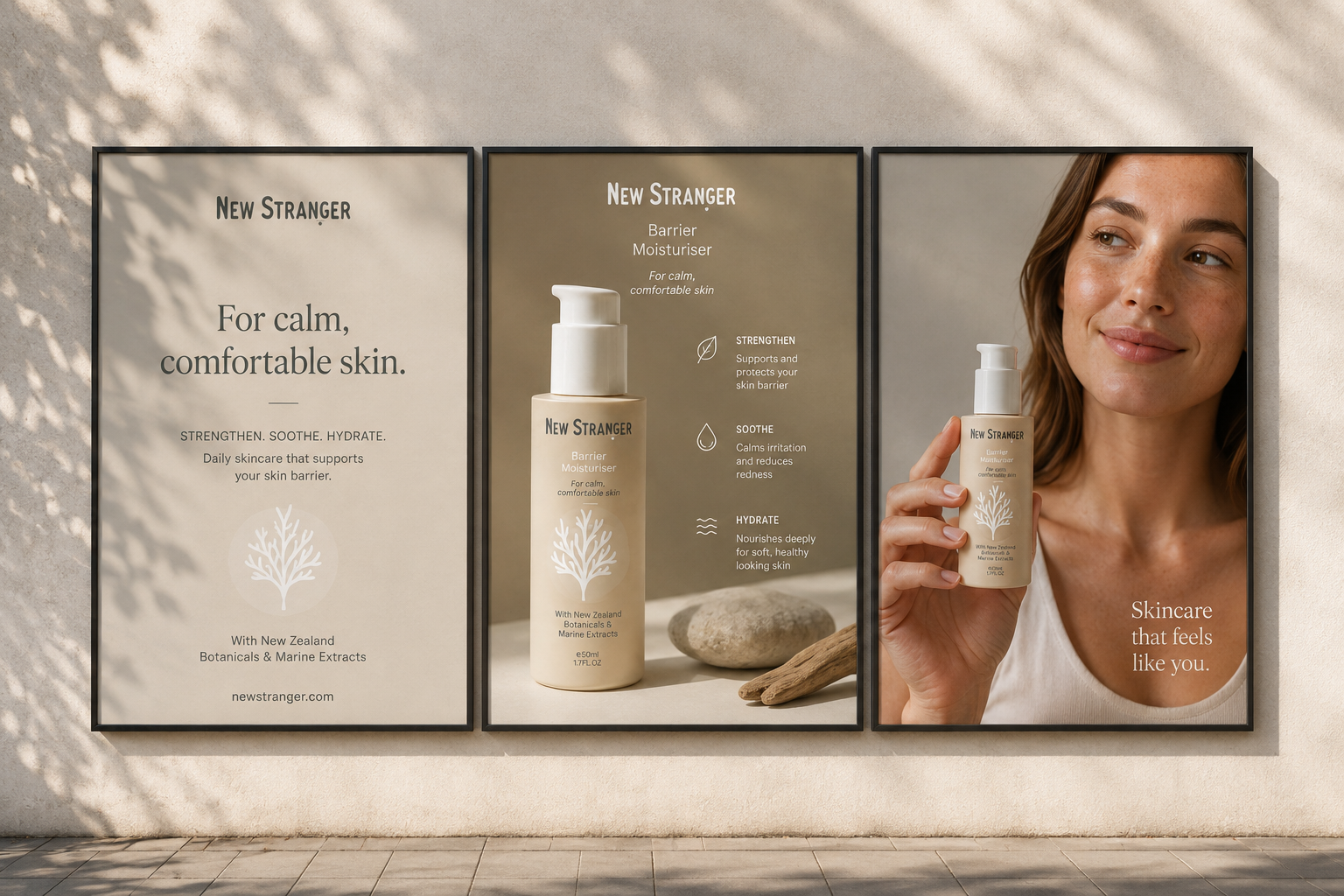 Brand presentation for New Stranger featuring premium skincare packaging, brand identity and lifestyle product photography designed by Aura Studio.