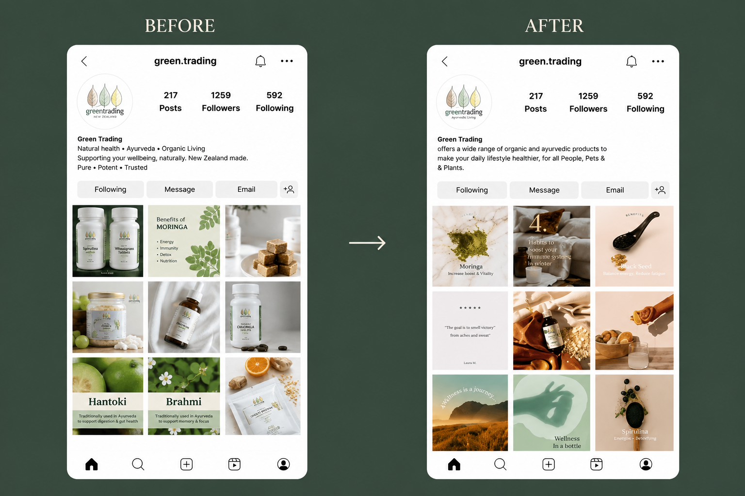 Before and after of Green Trading Instagram feed showing Aura Studio’s social media content creation and visual refresh.