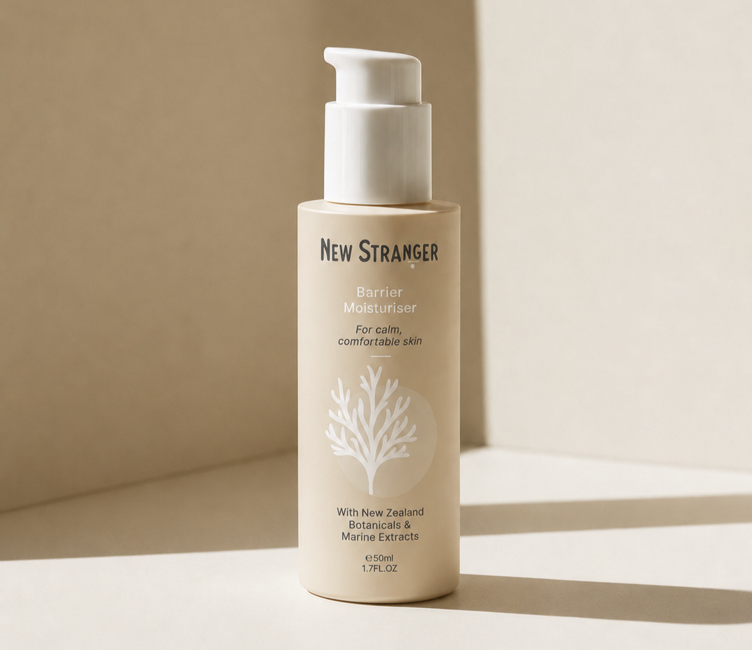 Barrier Moisturiser packaging design on a minimalist skincare bottle mockup by Aura Studio
