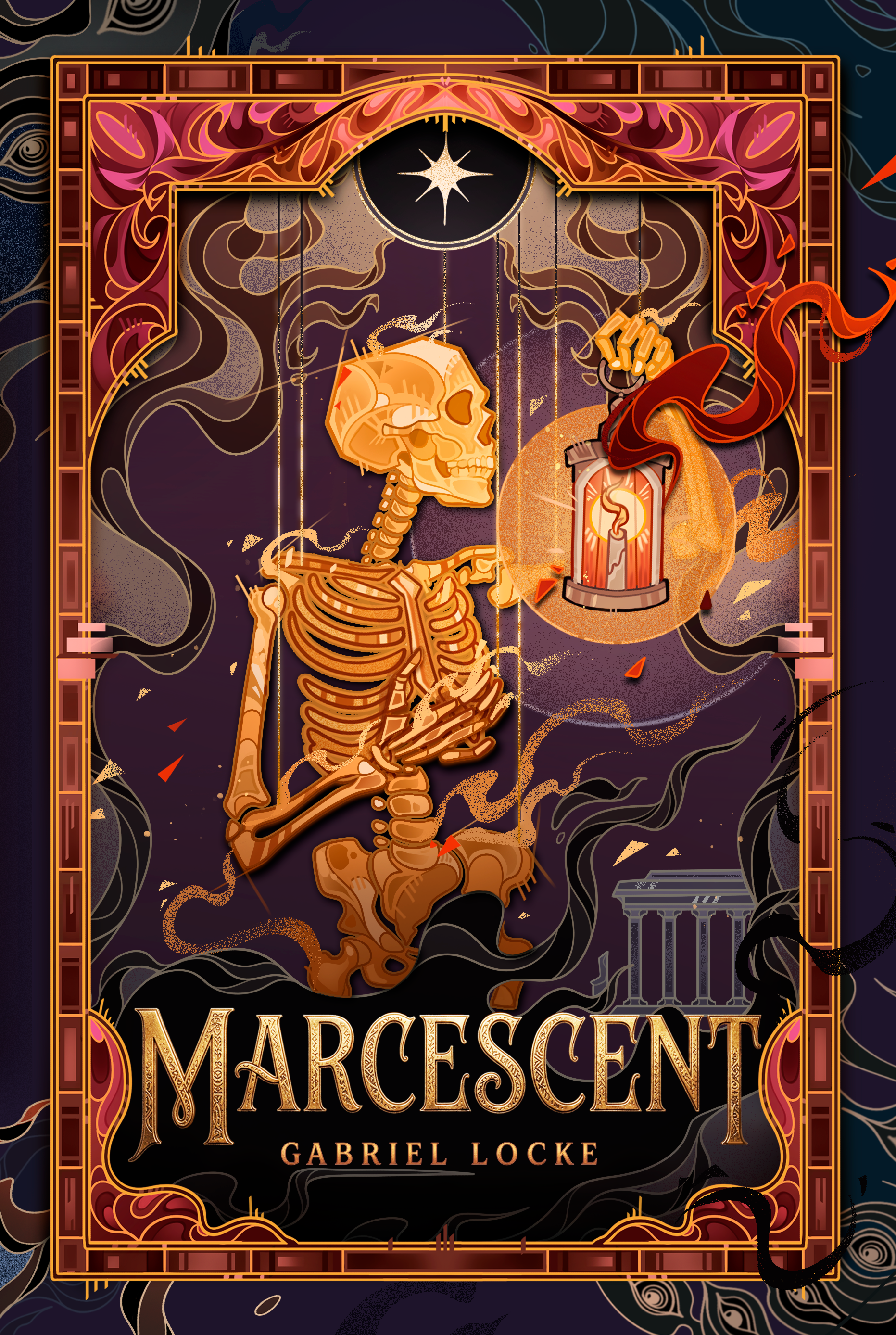 Book cover titled 'Marcescent' by Gabriel Locke, featuring a skeleton holding a lantern, with decorative borders and a celestial star at the top.