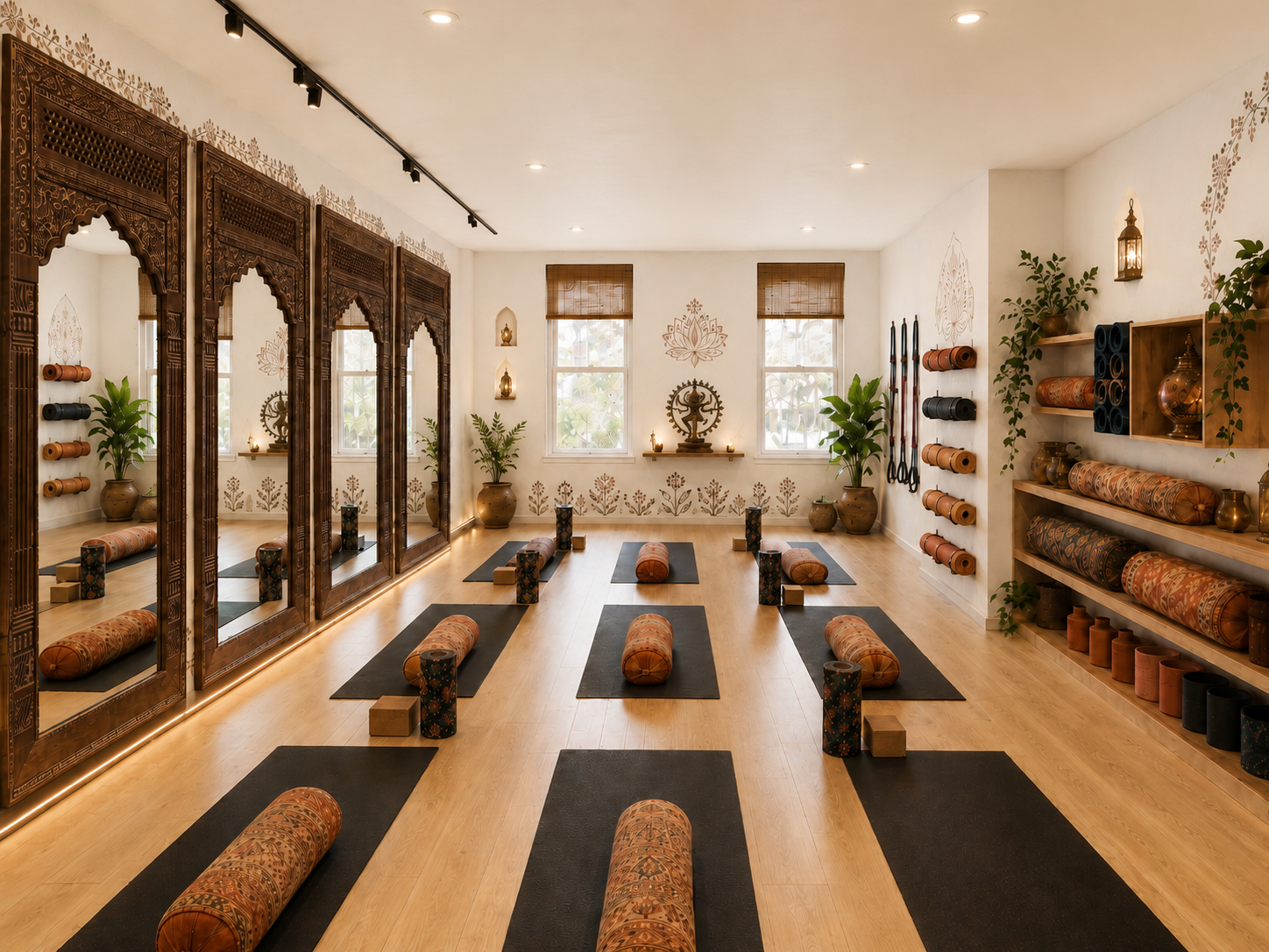 A serene yoga studio with wooden floors, black mats with bolsters and blocks, decorative wooden mirrors, potted plants, and shelves with yoga props, candles, and art, featuring warm lighting and an earthy color palette.