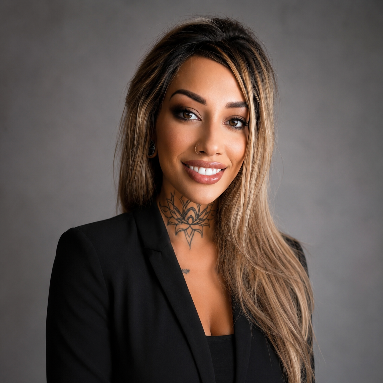 A young woman with long, wavy hair and a septum piercing, smiling at the camera. She has a tattoo on her neck and is wearing a black blazer against a gray background.