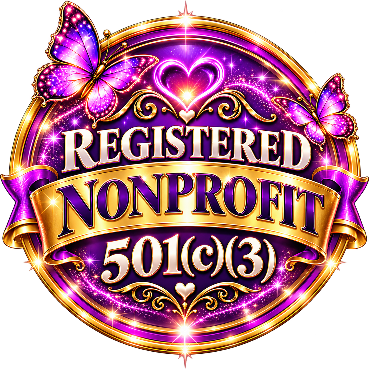 A colorful badge with purple, gold, and pink accents that says 'REGISTERED NONPROFIT 501(c)(3)' surrounded by butterflies, hearts, and sparkles.
