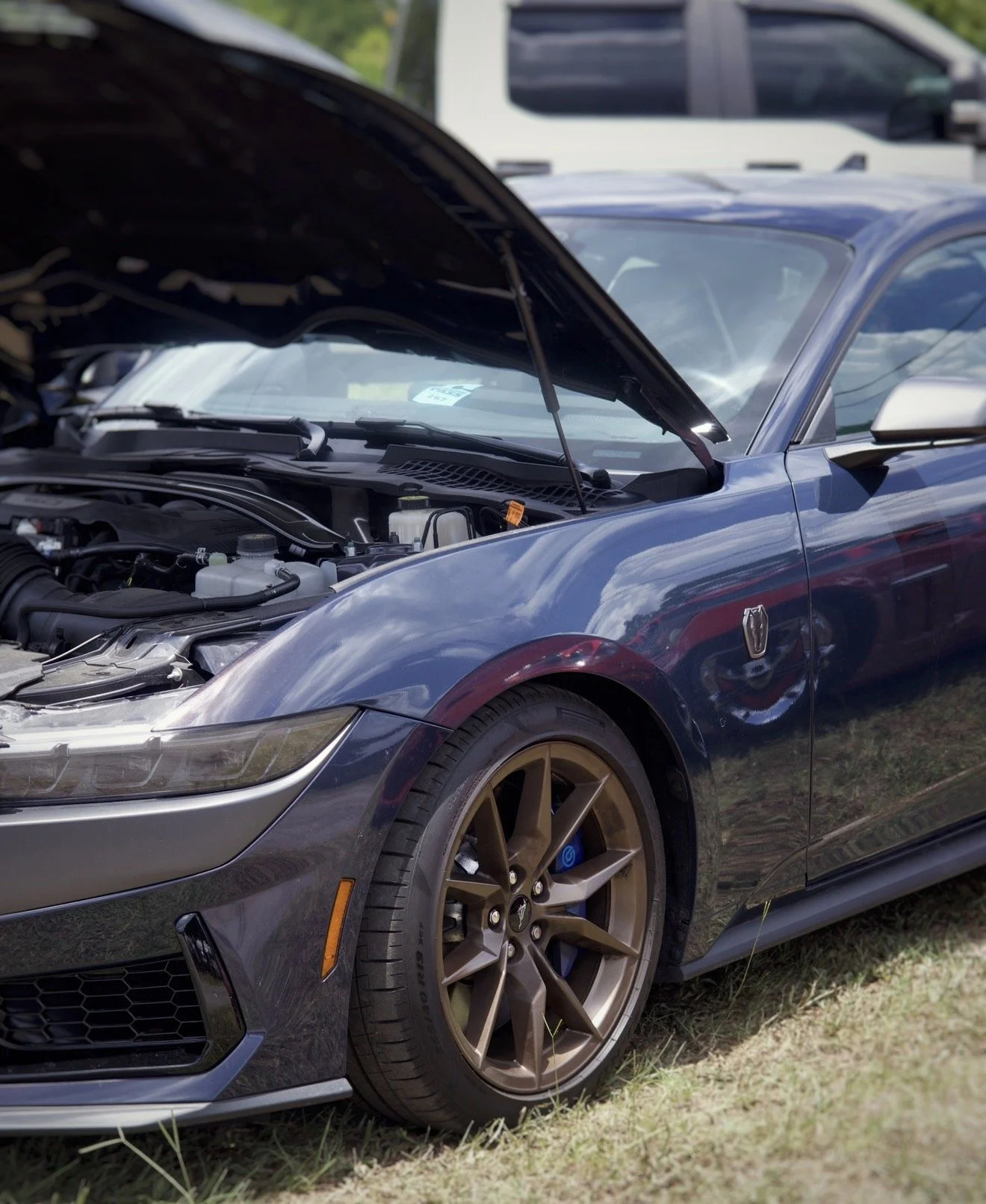 A blue sports car with its hood open, exposing the engine, parked on grass. There is a white vehicle in the background.