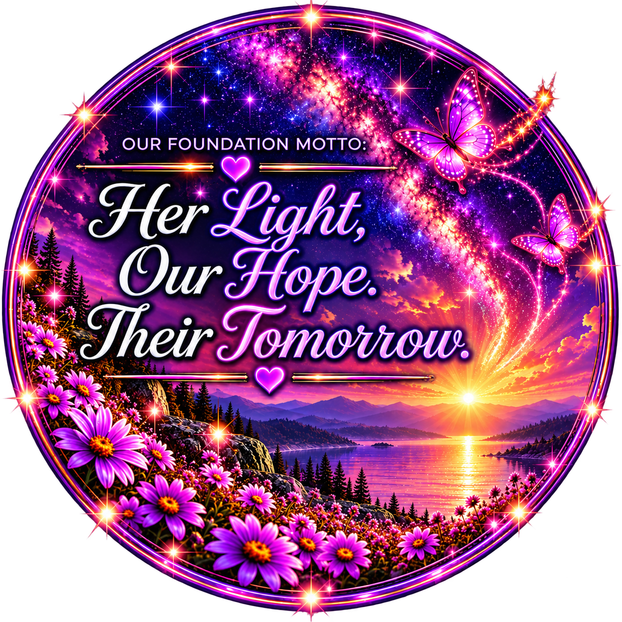 A vibrant, colorful landscape scene at sunset with purple and pink flowers, a forest, mountains, a lake, and a sky filled with stars, fireworks, and butterflies. The image contains inspirational text about hope and light.