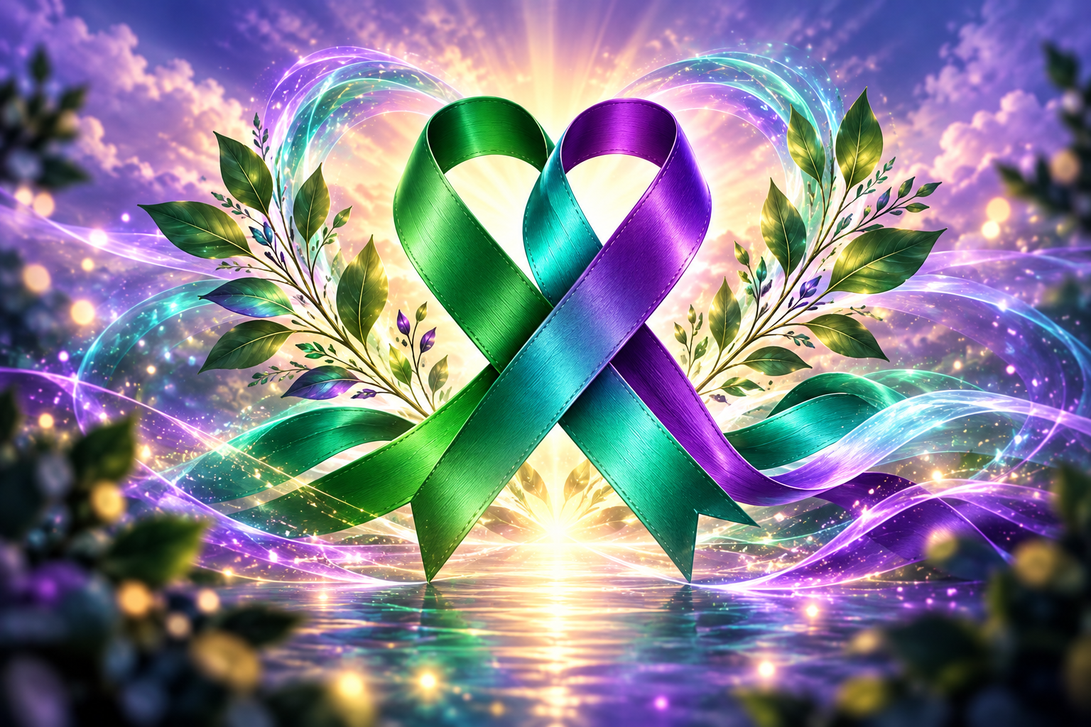 Vibrant digital artwork featuring a ribbon in the colors of the orbit and rainbow flags, intertwined to form a heart shape, surrounded by glowing lights and lush green leaves, symbolizing awareness and support, set against a cosmic background with sparkling effects.