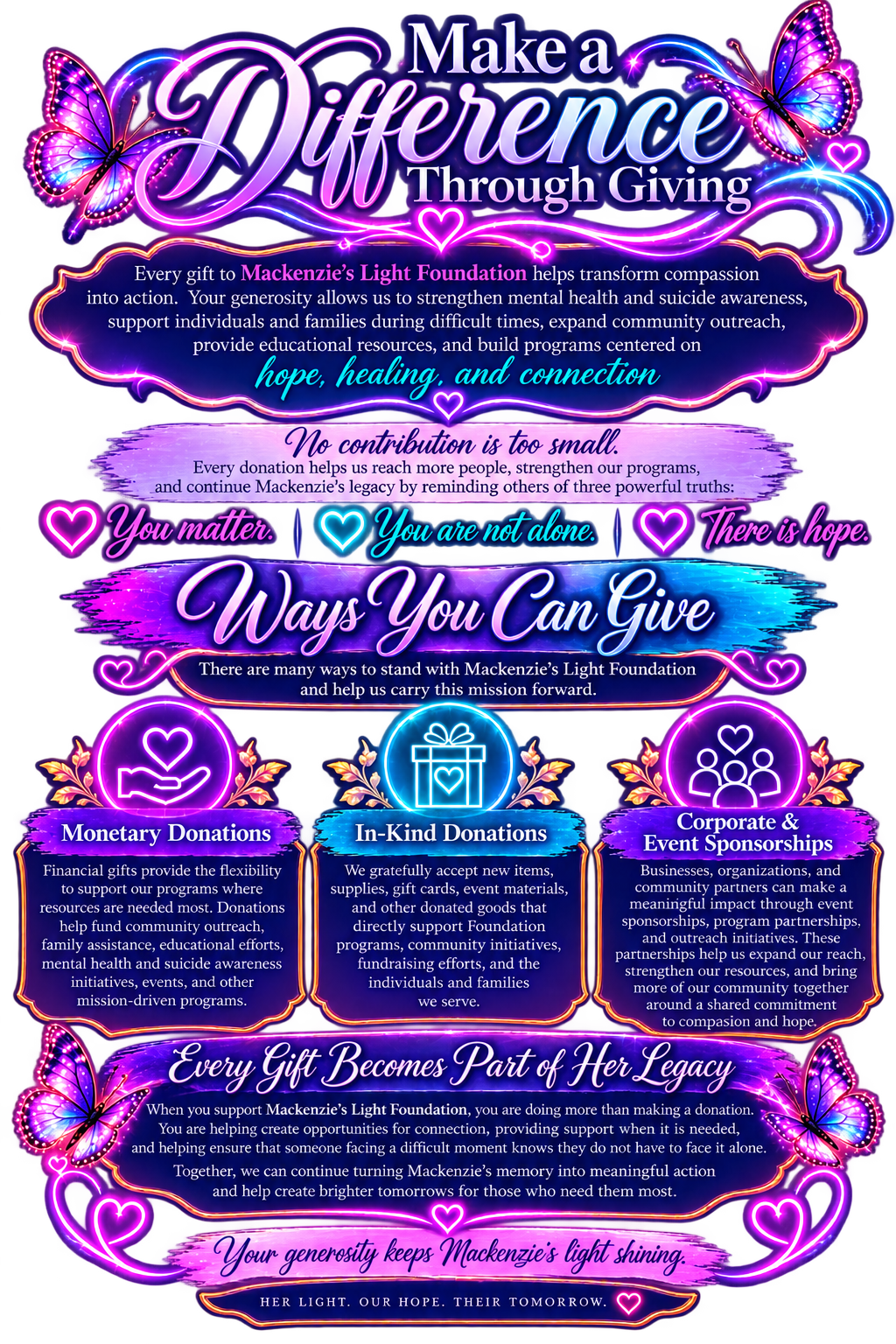 Colorful neon-style infographic promoting donations and support for Mackenzie’s Light Foundation, featuring butterflies, hearts, and icons representing monetary, in-kind, and corporate sponsorships, with messages encouraging giving and making a difference.