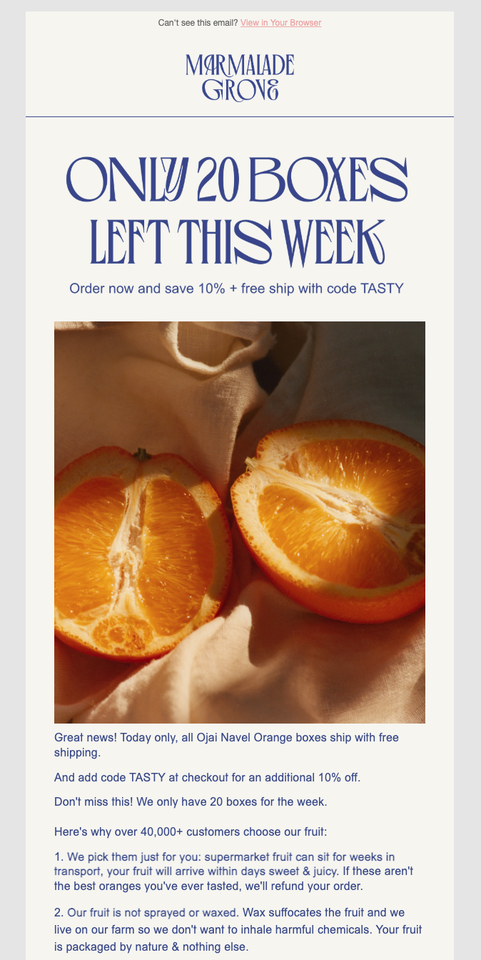 Email newsletter from Marmalade Grove advertising free shipping on oranges and a 10% discount code, with an image of fresh orange halves.