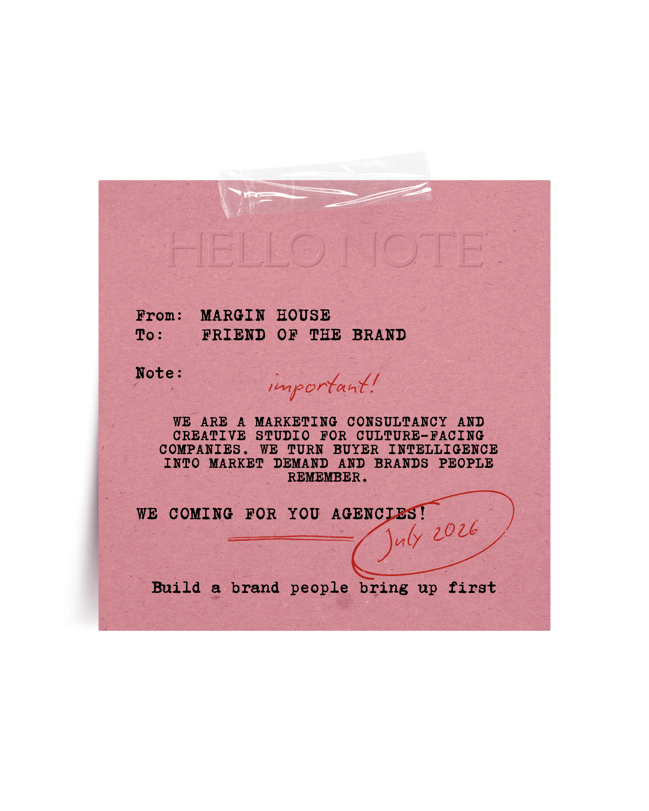 Pink note card with the words "HELLO NOTE" and a handwritten note saying "important!" and a red handwritten date "July 2026."