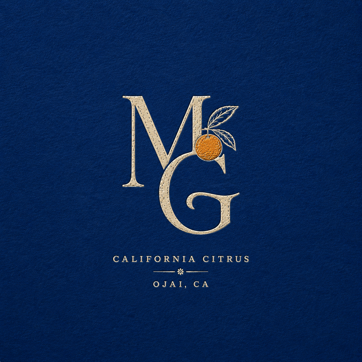 A logo with the letters M, C, and G, with an orange and leaves on the letter C. Text below reads 'California Citrus, Ojai, CA' on a dark blue background.