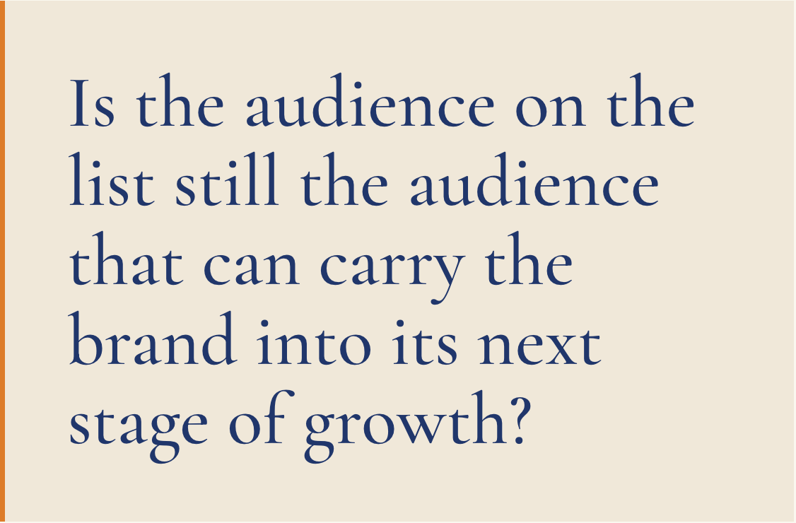 Text on a beige background reading, 'Is the audience on the list still the audience that can carry the brand into its next stage of growth?'