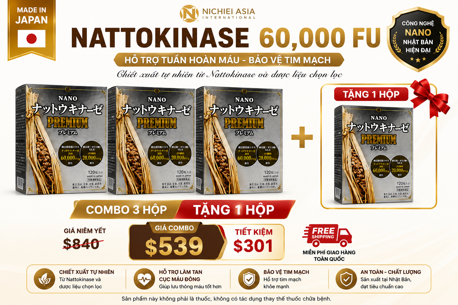 Combo 3 Tặng 1  Boxes Nano Nattokinase Premium 60,000 FU