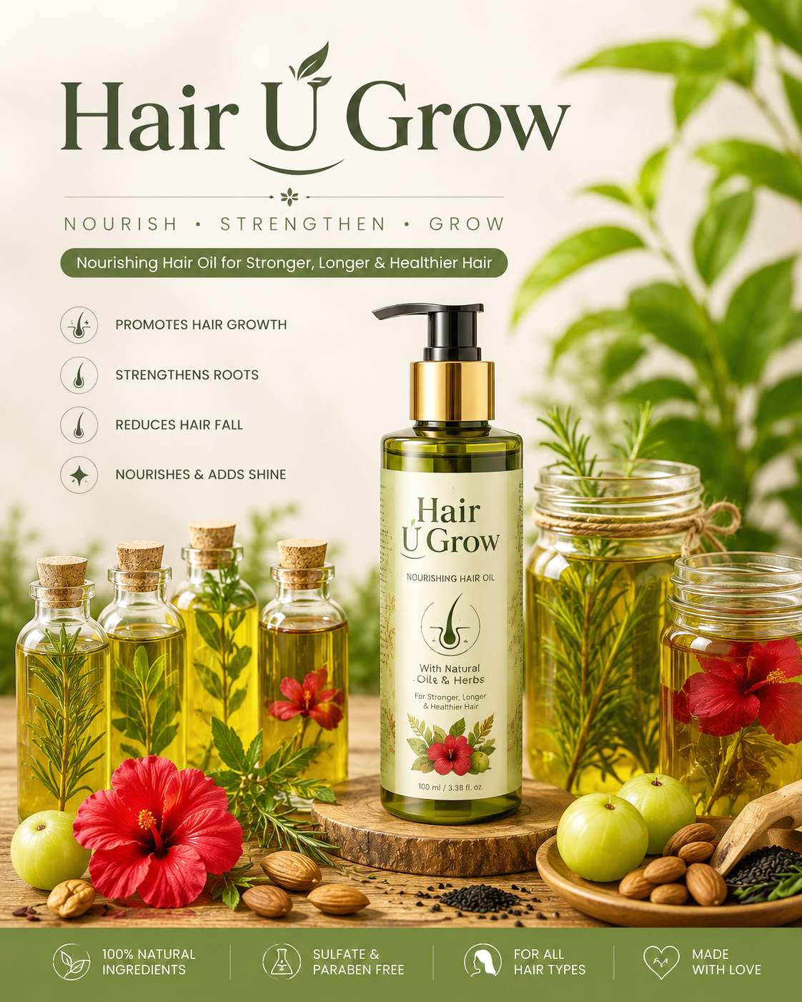Label for Hair U Grow nourishing hair oil, featuring a green bottle with a pump, surrounded by small bottles with herbs and flowers, and ingredients like nuts and black seeds. The background is green with text promoting hair growth, nourishing, strengthening, reducing hair fall, and adding shine, with icons indicating natural ingredients, sulfate and paraben free, for all hair types, and made with love.