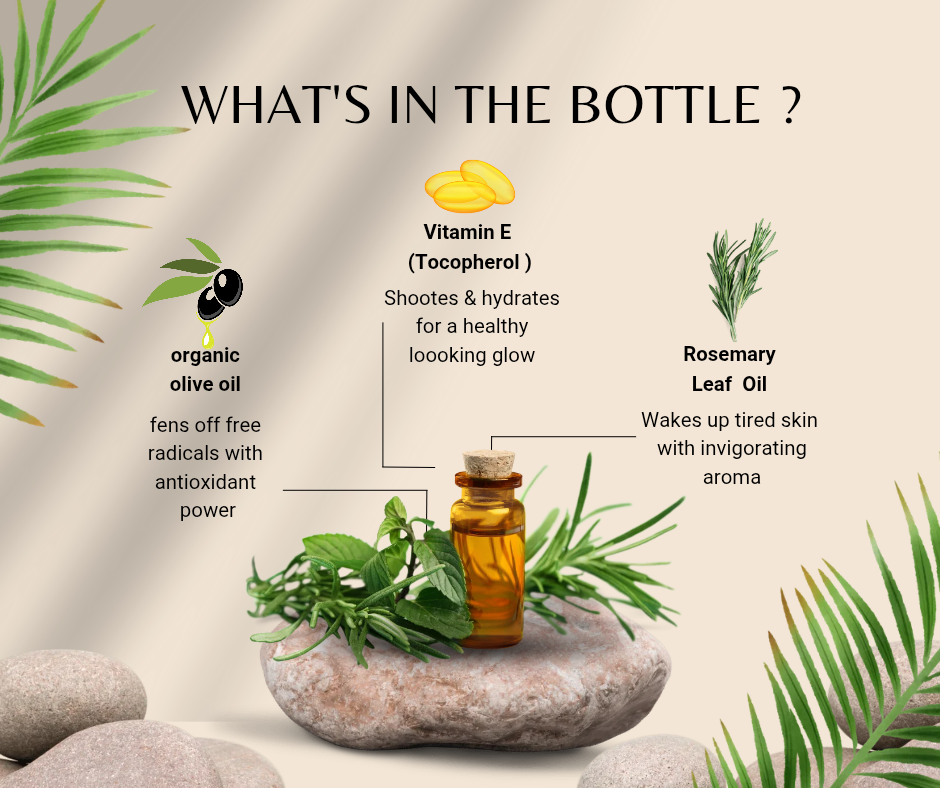 A graphic informational poster presents three natural ingredients in a bottle: organic olive oil, vitamin E (tocopherol), and rosemary leaf oil, highlighting their benefits for skin health. The background features a neutral tone with green plants and stones around the bottle.