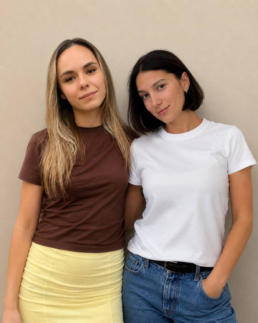 Two women standing close to each other against a plain wall, looking at the camera.