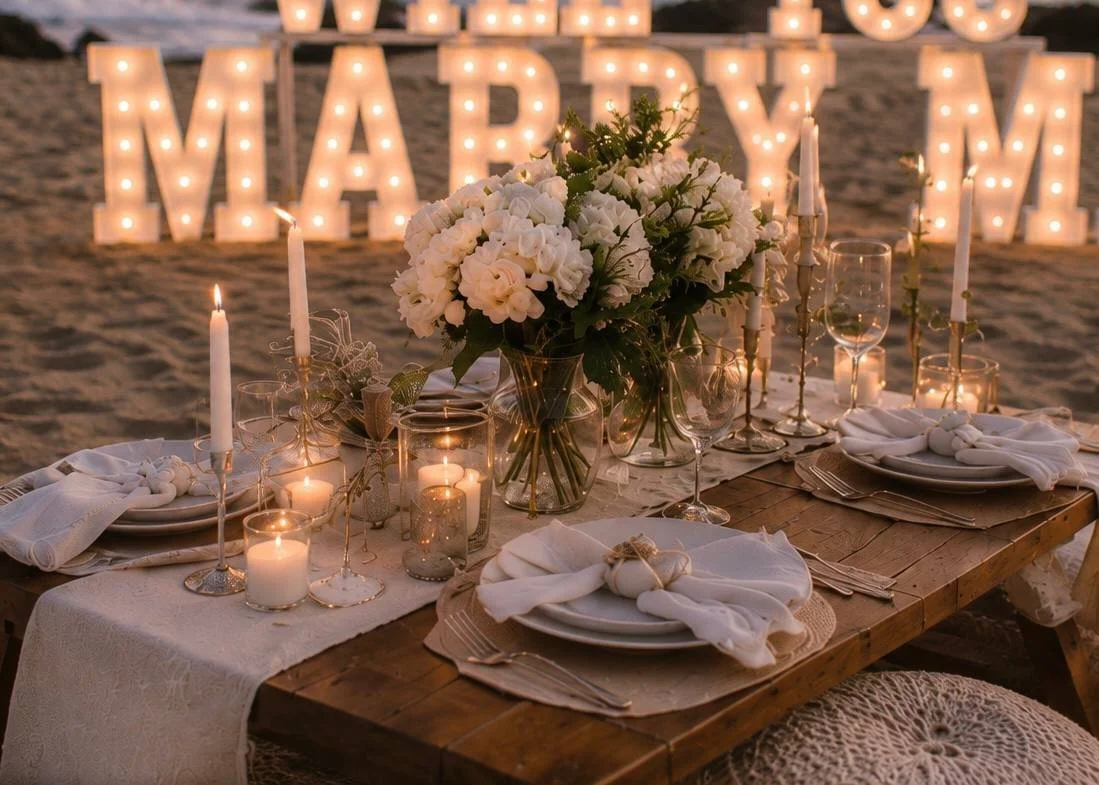 Beachside wedding table decorated with white flowers, candles, and elegant tableware. Illuminated marquee letters spelling MARRY ME in the background.