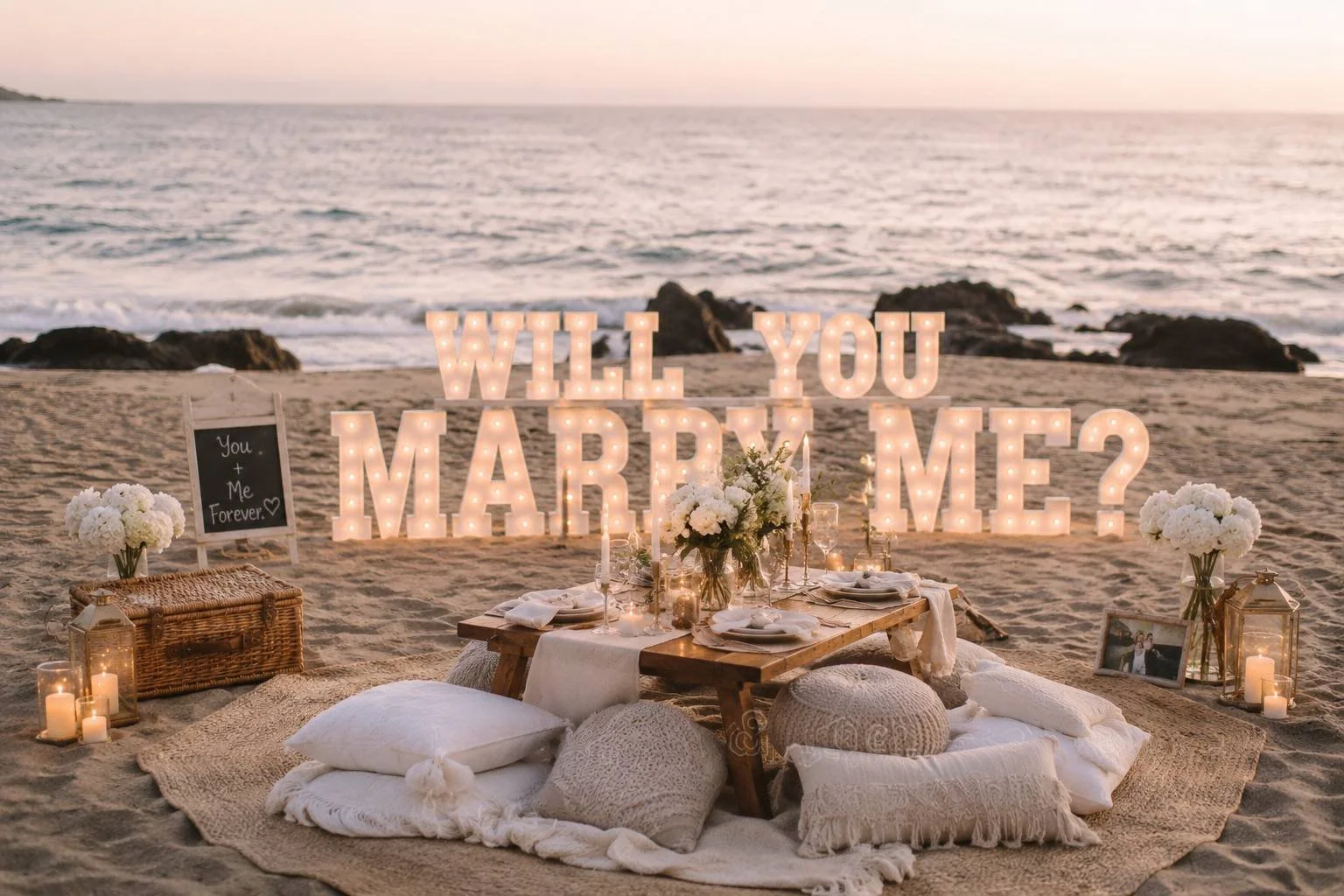 A romantic proposal setup on a beach at sunset with large illuminated letters spelling out "Will You Marry Me?", surrounded by flowers, candles, pillows, and a low dining table with tableware, with the ocean in the background.
