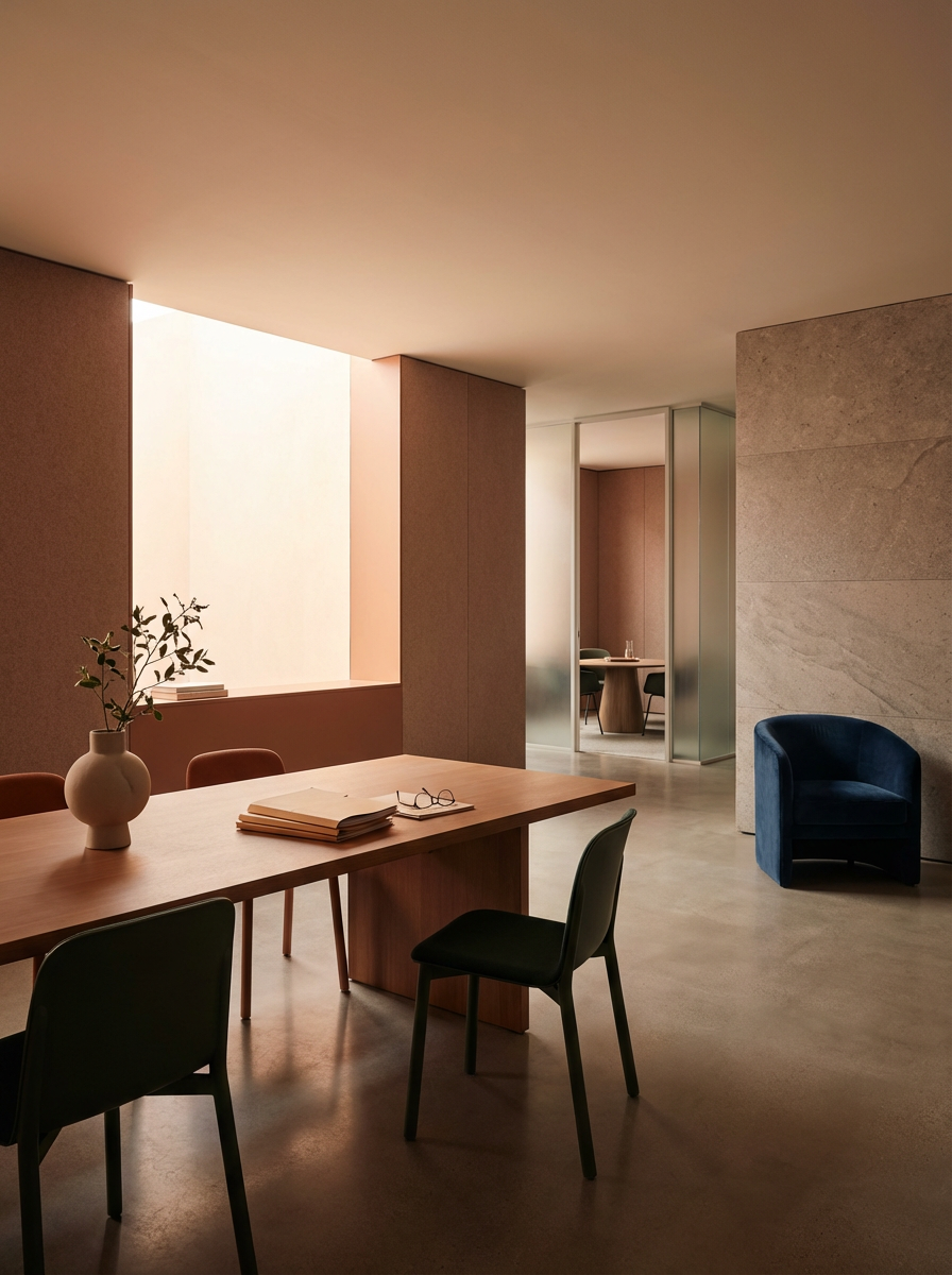 Modern interior office space with a wooden table, chairs, a potted plant, and a sitting area with a blue armchair.
