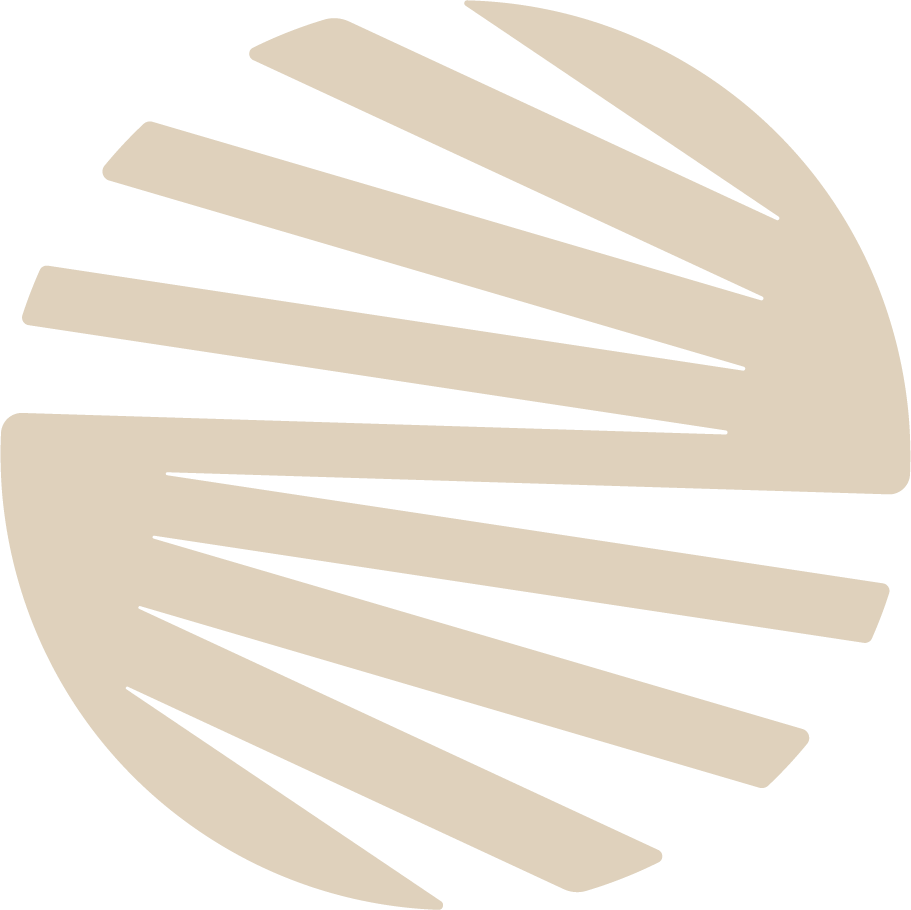 An abstract, circular design with elongated, curved beige shapes on a black background.
