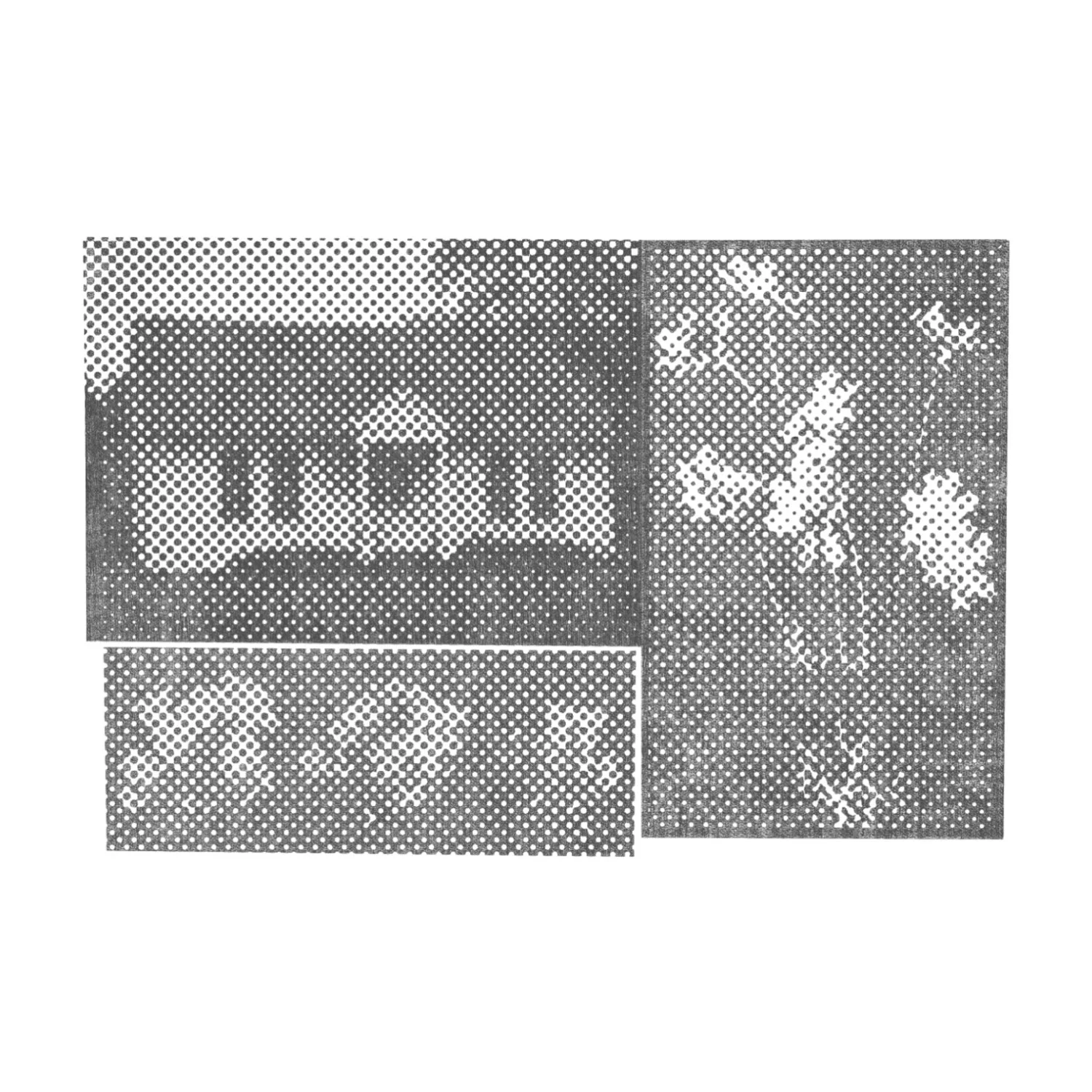 Three black-and-white halftone images of decorative patterns and geometric design elements.