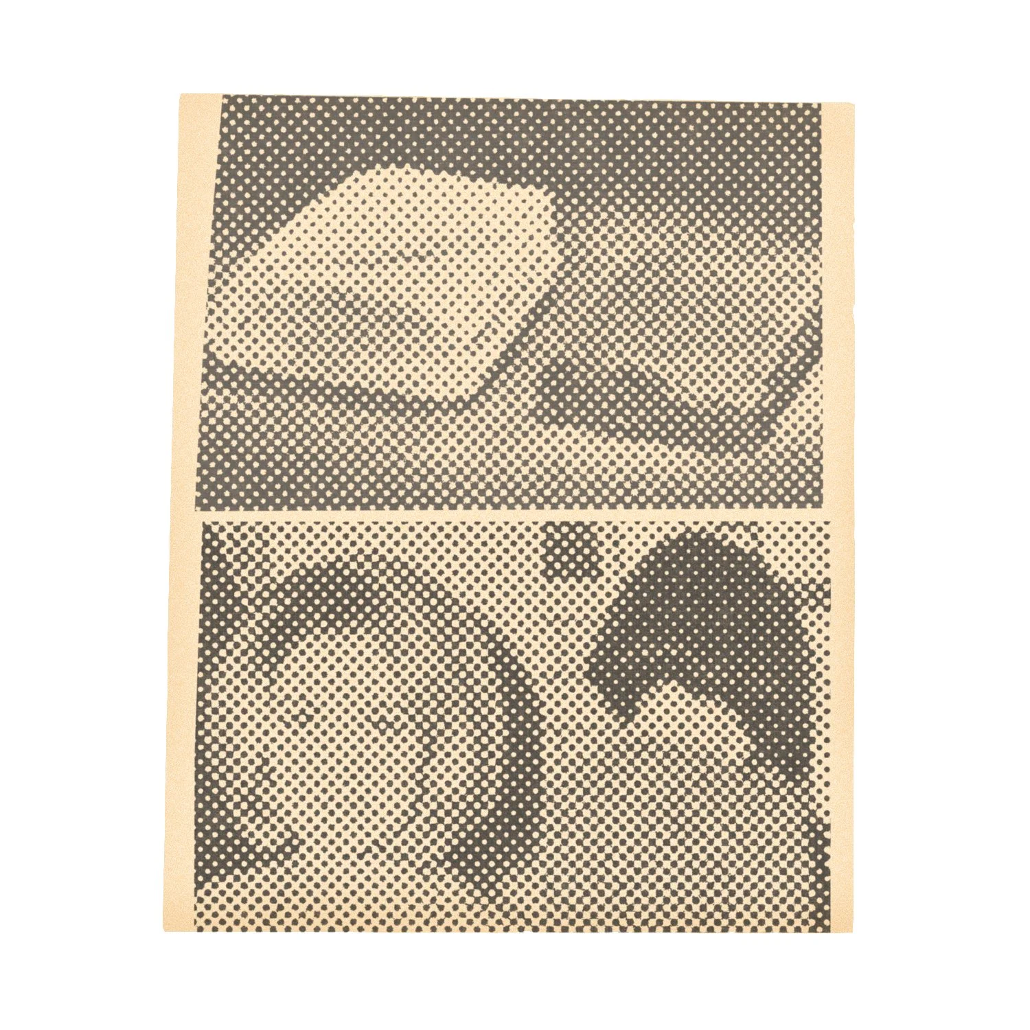 A sombre mixed-media drawing rendered in yellow and grey tones of two women juxtaposed with two bath towels. 