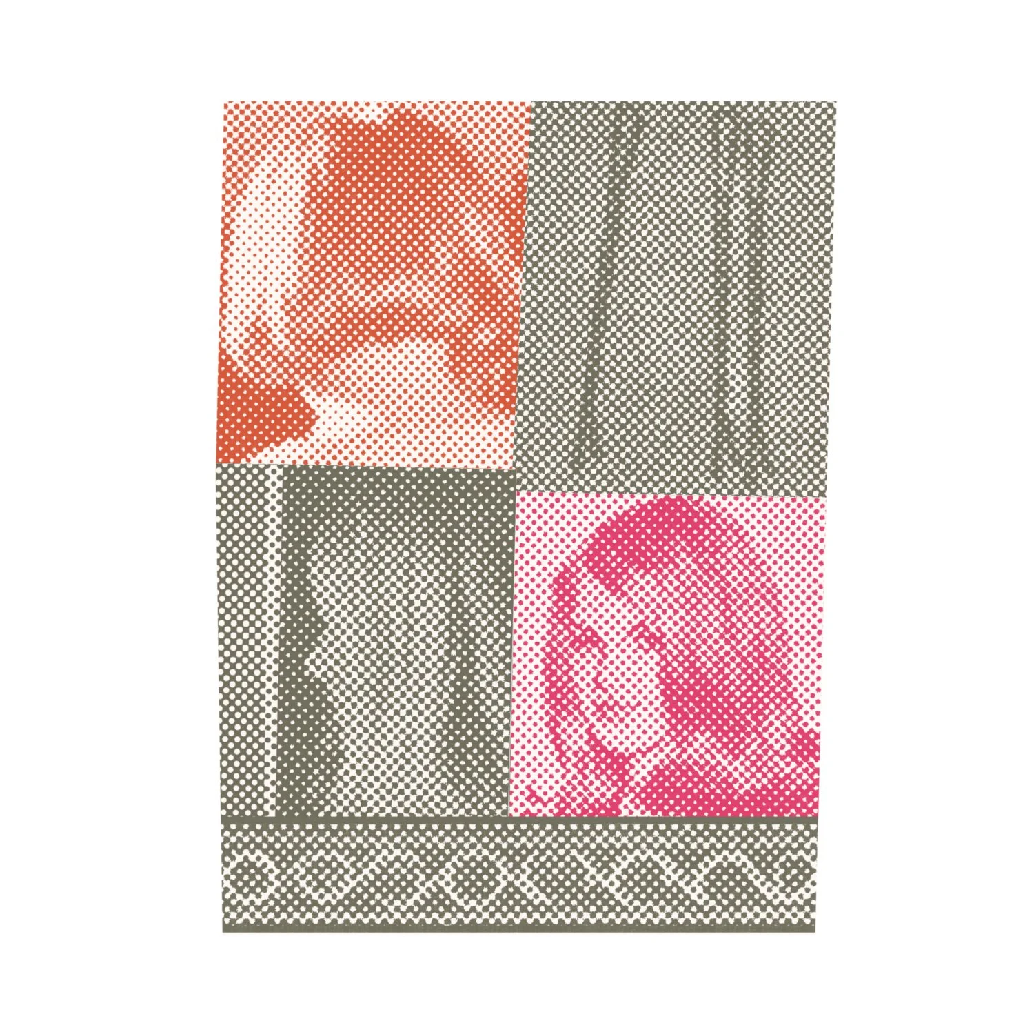 A collage of four halftone style portraits, two in red and black, depicting diverse individuals with various hairstyles, arranged in a grid.